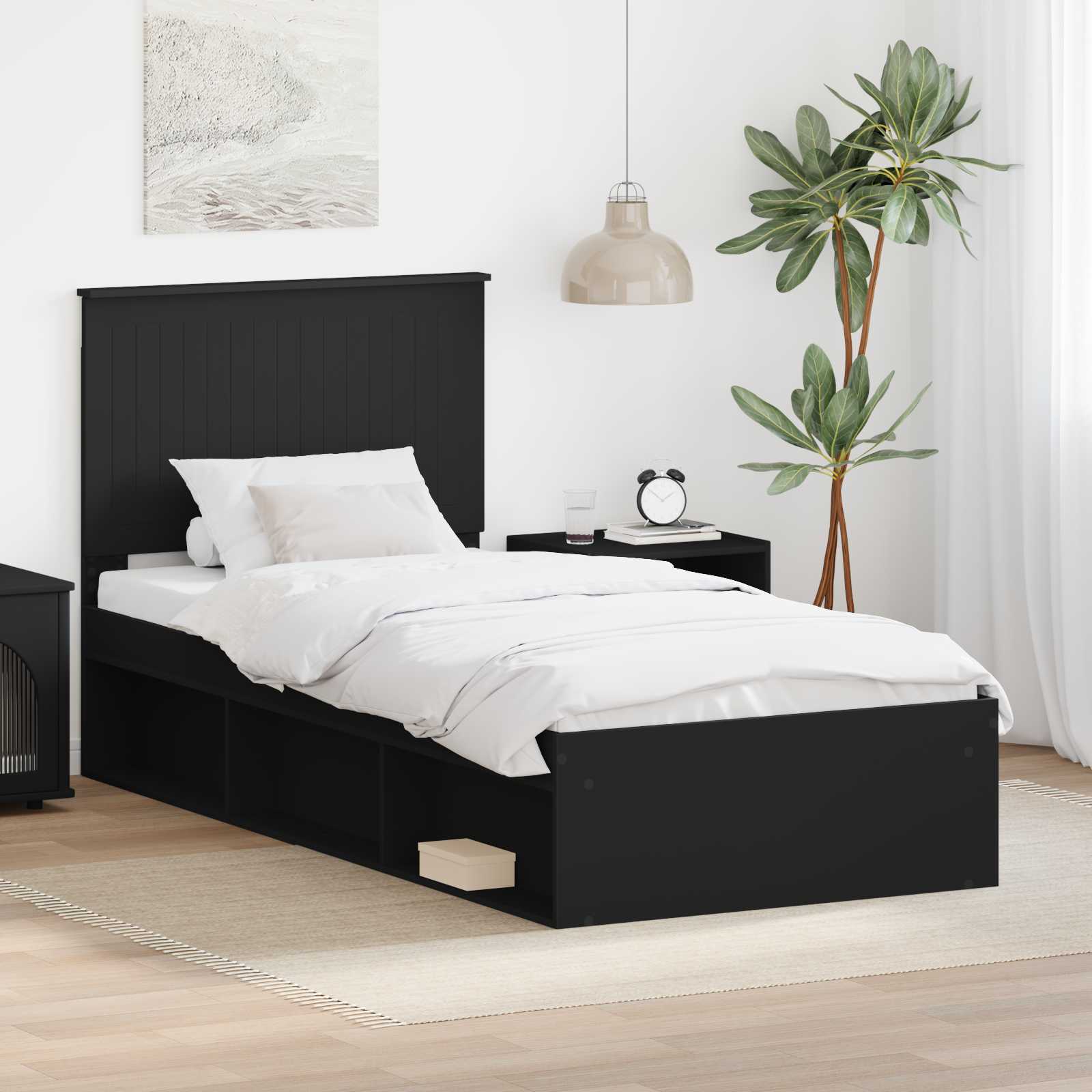 vidaXL Ramka łóżka Z zagłówkiem Czarny 90 x 190 cm Lite drewno sosnowe