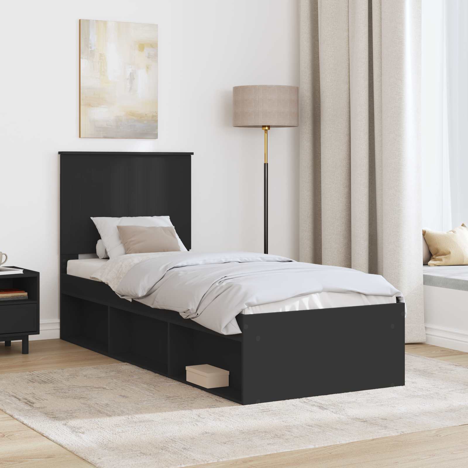 vidaXL Ramka łóżka Z zagłówkiem Czarny 75 x 190 cm Lite drewno sosnowe
