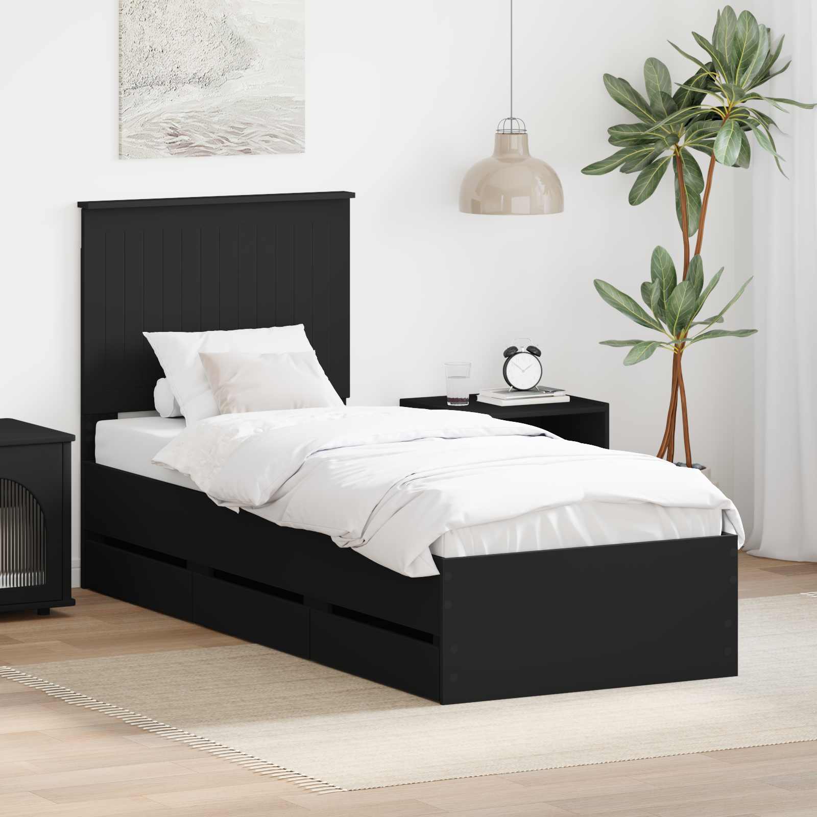 vidaXL Ramka łóżka z szufladą Czarny 90 x 200 cm Drewno inżynieryjne