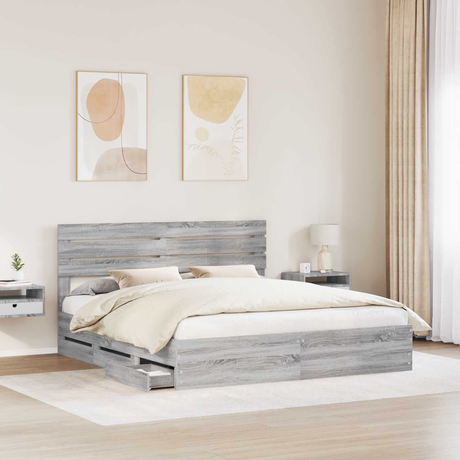 vidaXL Ramka łóżka Szary Sonoma 200 x 200 cm Drewno inżynieryjne