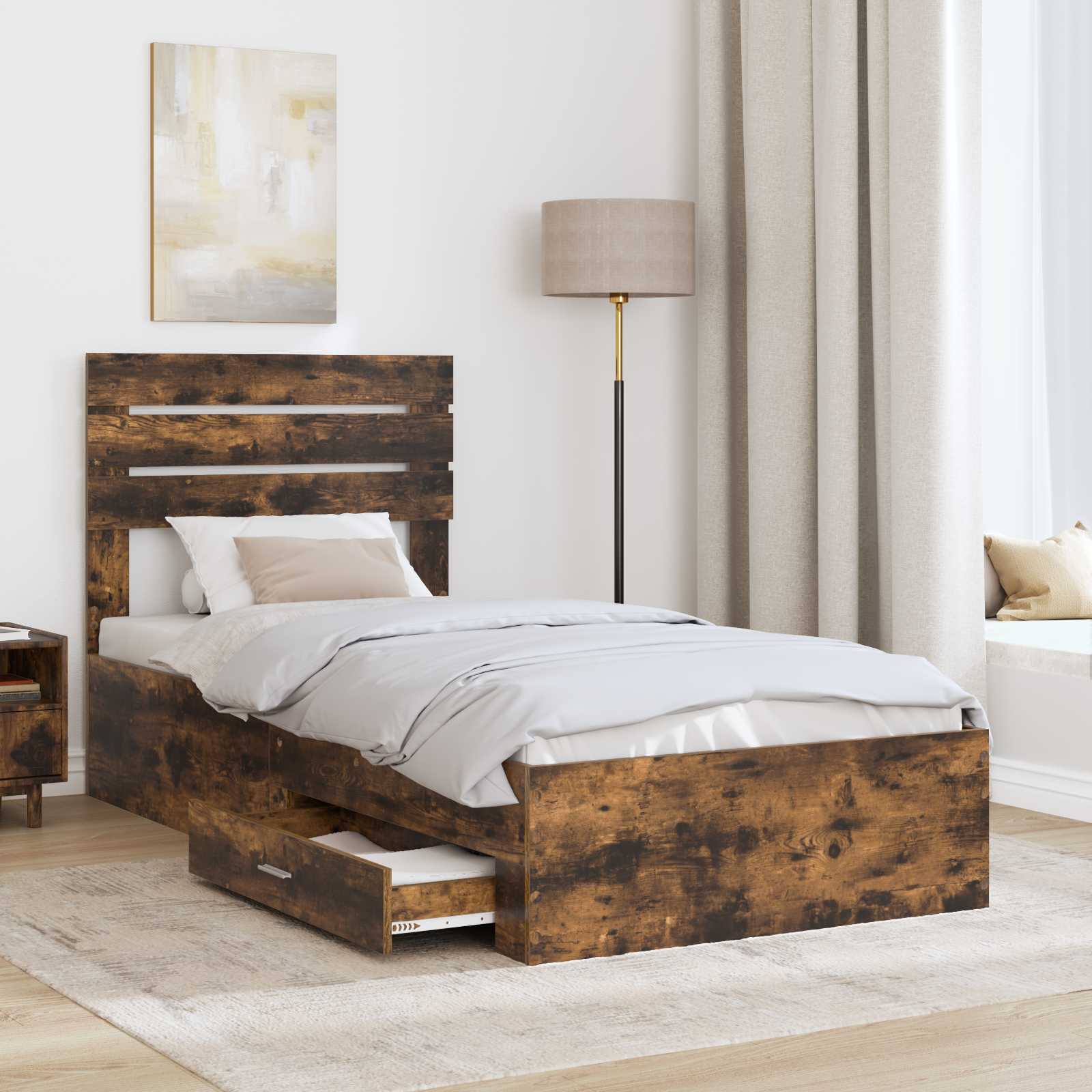 vidaXL Ramka łóżka z szufladą Wędzone dąb i srebro 75 x 190 cm