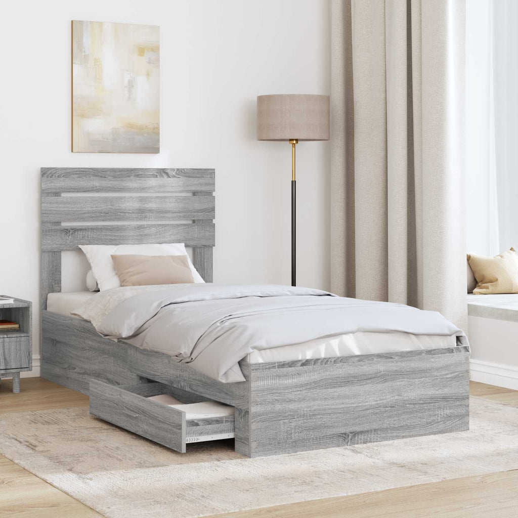 vidaXL Ramka łóżka z szufladą Szary Sonoma i srebro 75 x 190 cm