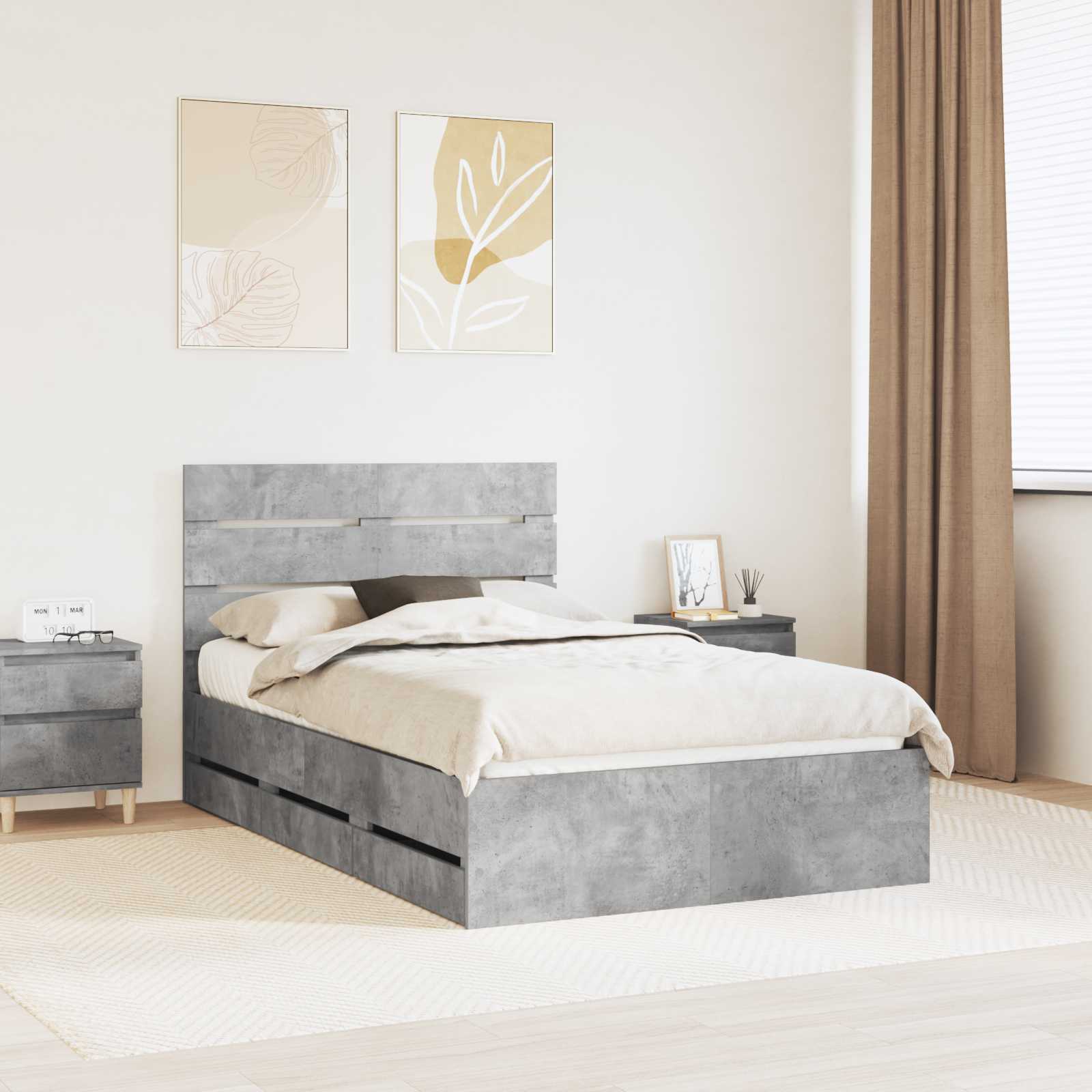 vidaXL Ramka łóżka Betonowy szary 135 x 190 cm Drewno inżynieryjne