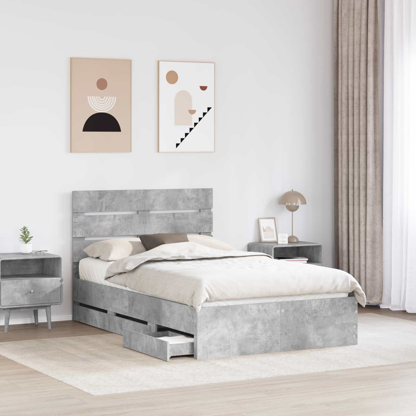vidaXL Ramka łóżka Betonowy szary 135 x 190 cm Drewno inżynieryjne