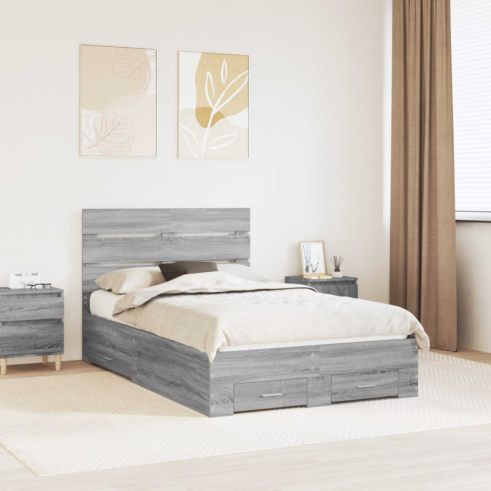 vidaXL Ramka łóżka Szary Sonoma 135 x 190 cm Materiał drewnopochodny