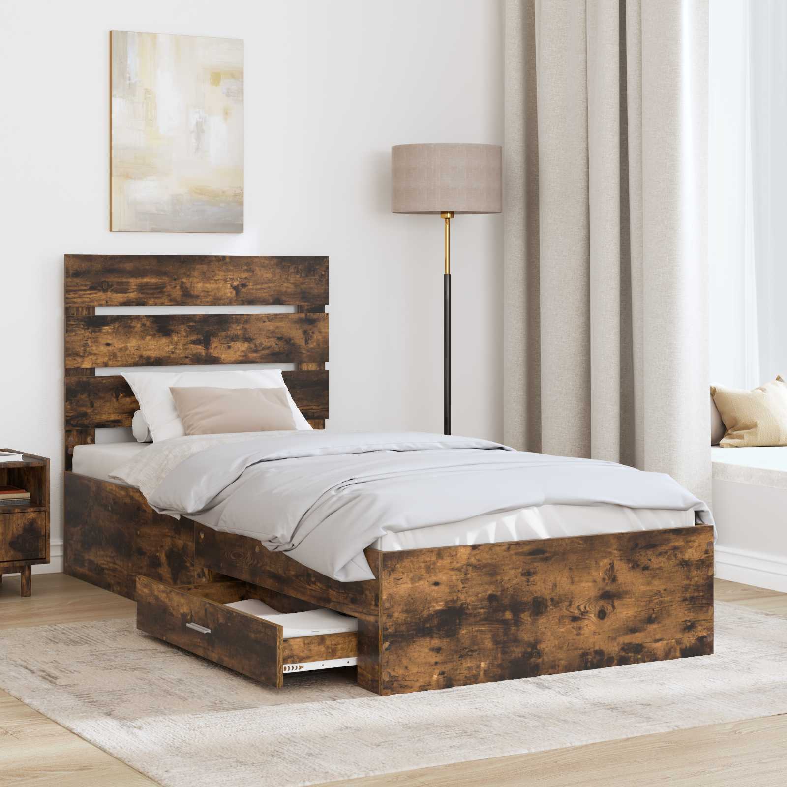 vidaXL Ramka łóżka z szufladą Wędzone dąb i srebro 75 x 190 cm