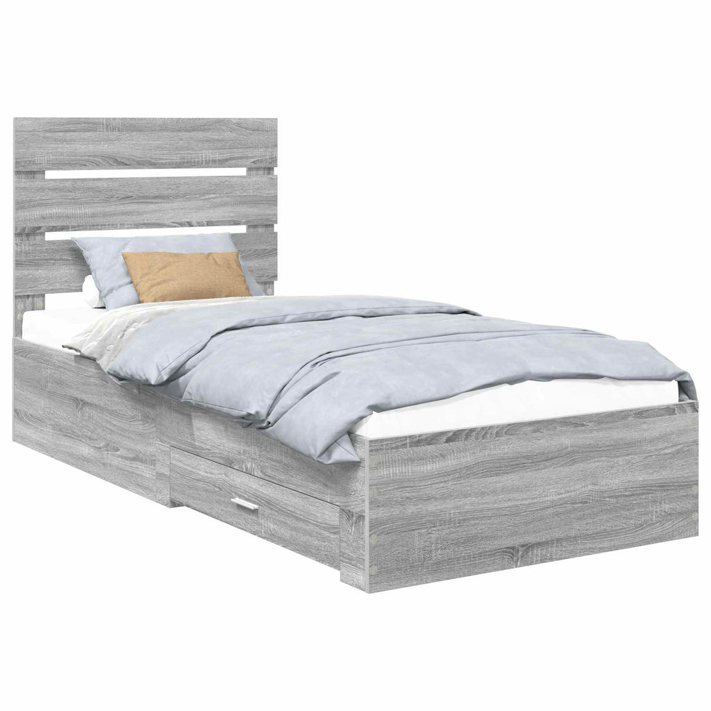 vidaXL Ramka łóżka z szufladą Szary Sonoma i srebro 75 x 190 cm