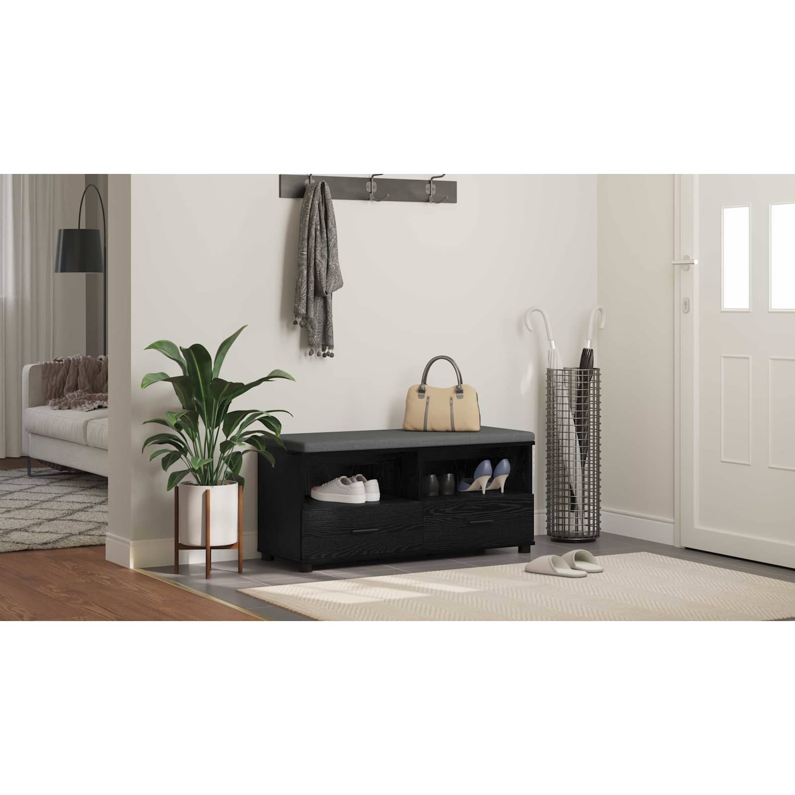 vidaXL Ławka w przedpokoju z poduszką Czarny Dąb 100 x 38 x 46 cm
