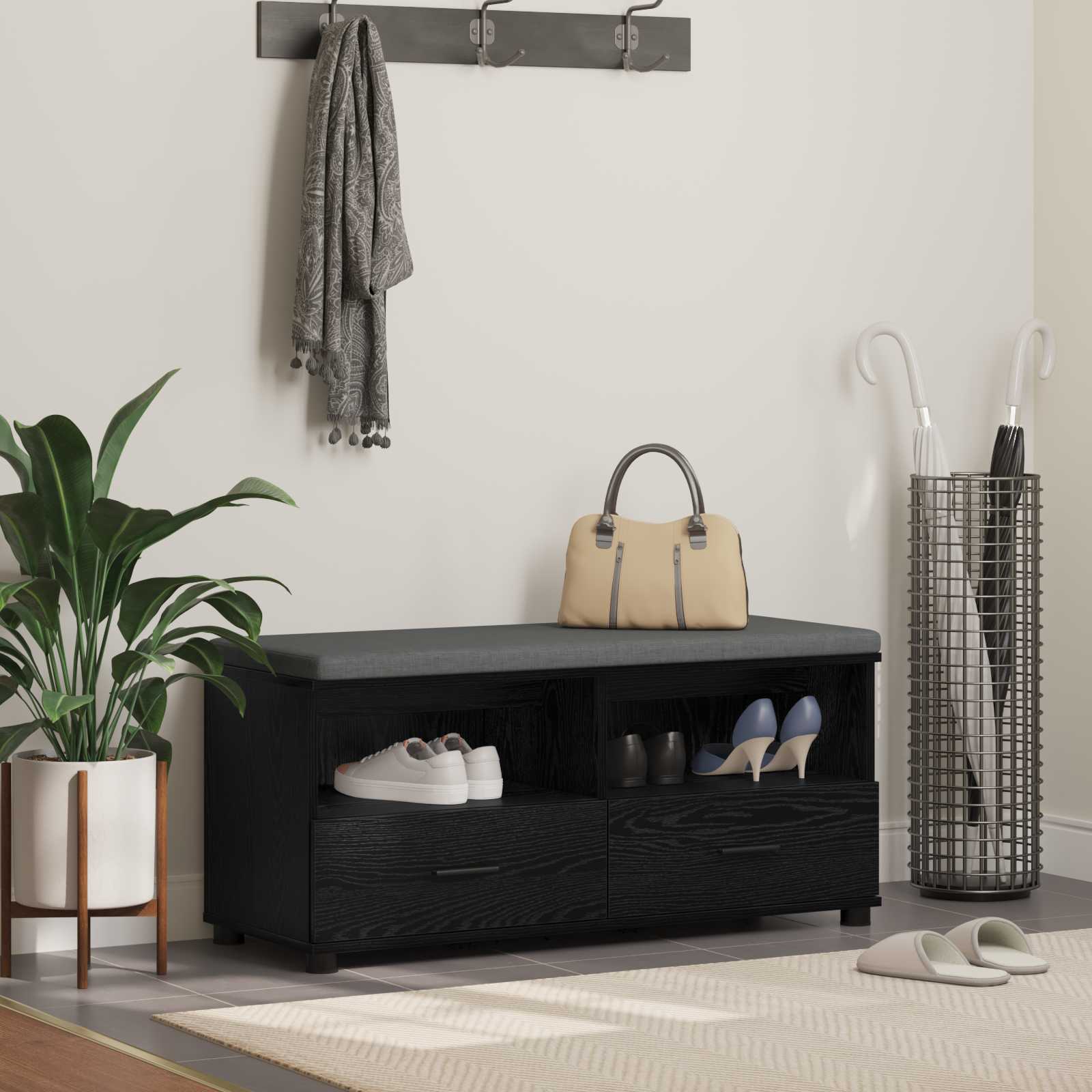 vidaXL Ławka w przedpokoju z poduszką Czarny Dąb 100 x 38 x 46 cm