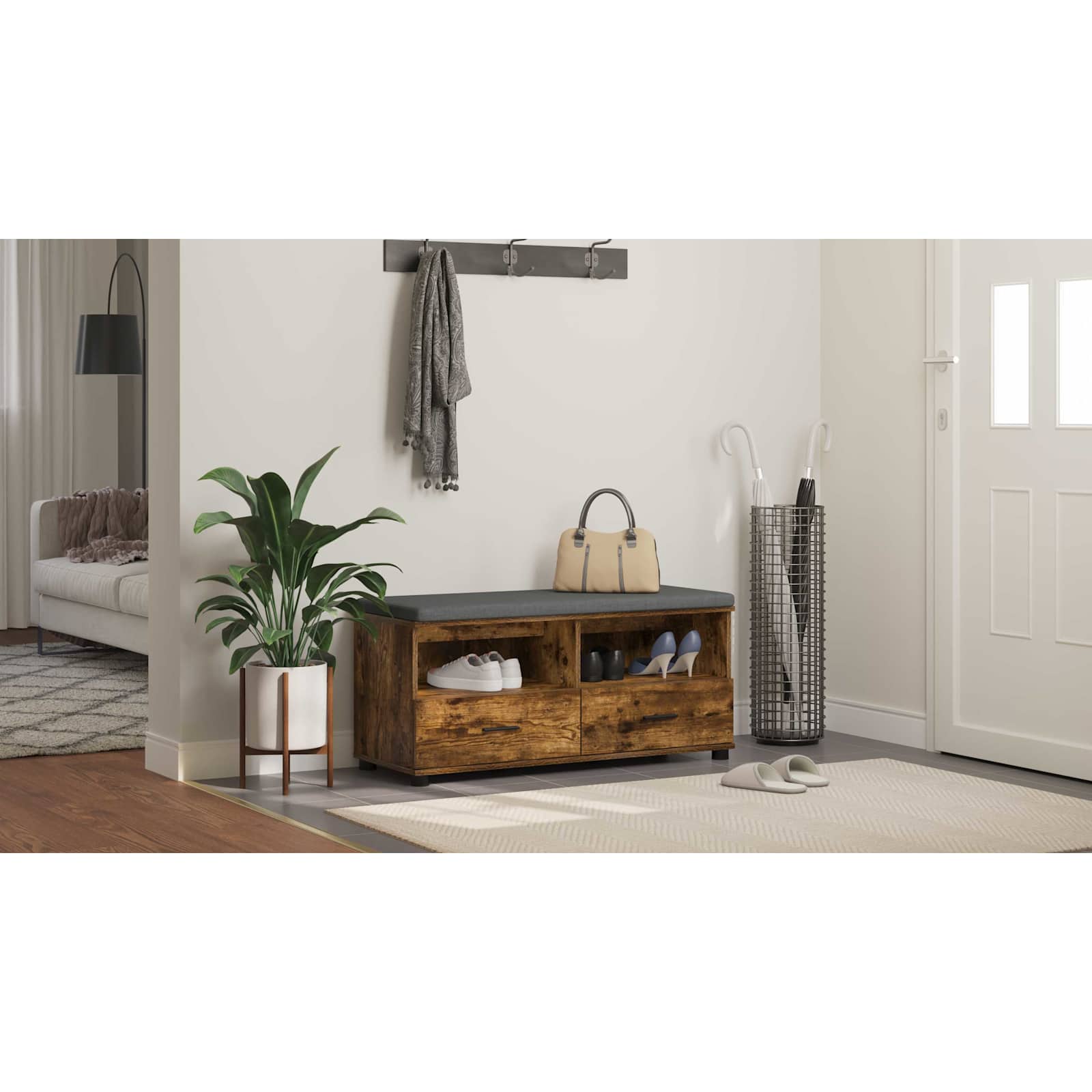 vidaXL Ławka w przedpokoju z poduszką Dąb Wędzony 100 x 38 x 46 cm