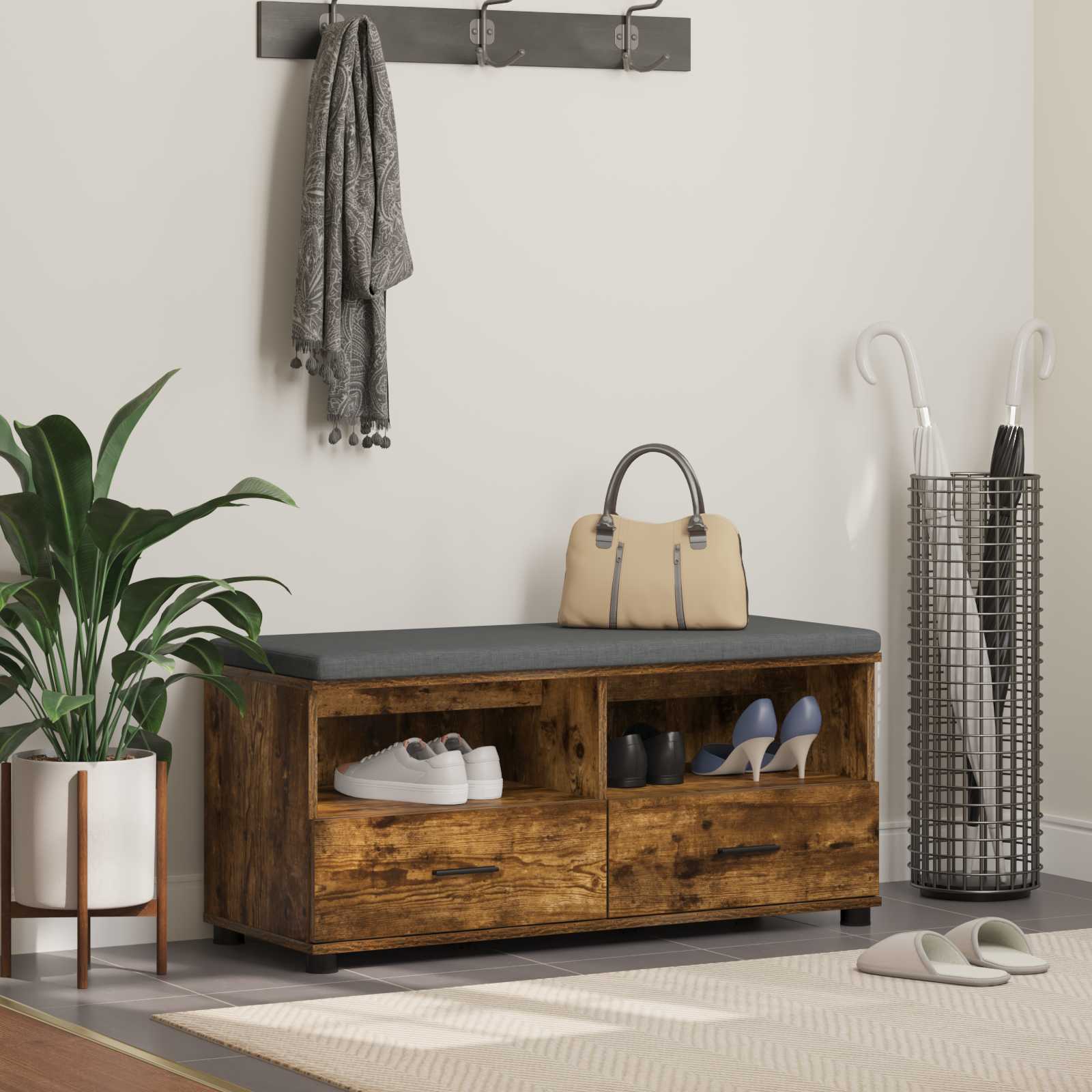 vidaXL Ławka w przedpokoju z poduszką Dąb Wędzony 100 x 38 x 46 cm