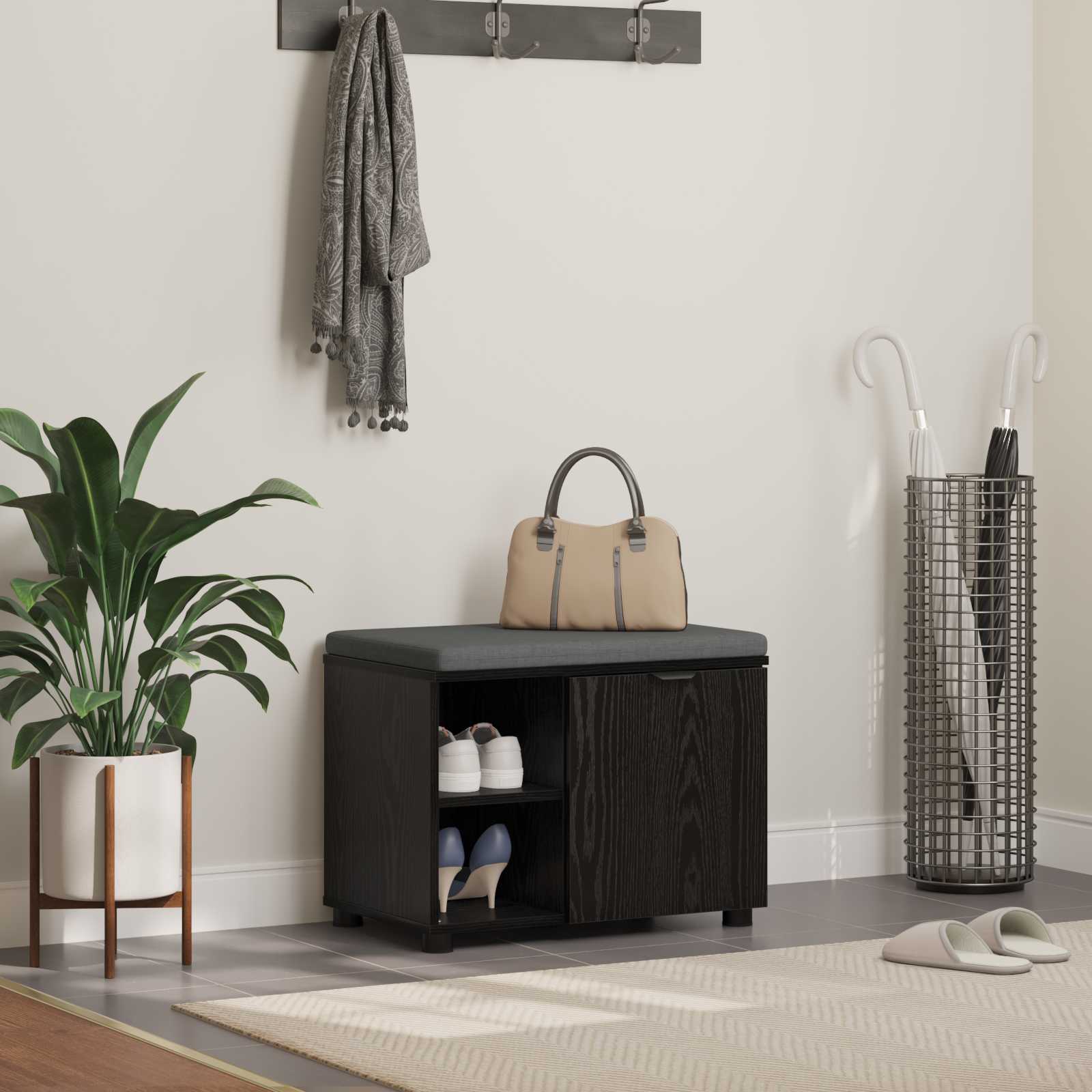 vidaXL Ławka w przedpokoju z poduszką Czarny Dąb 60 x 38 x 46 cm