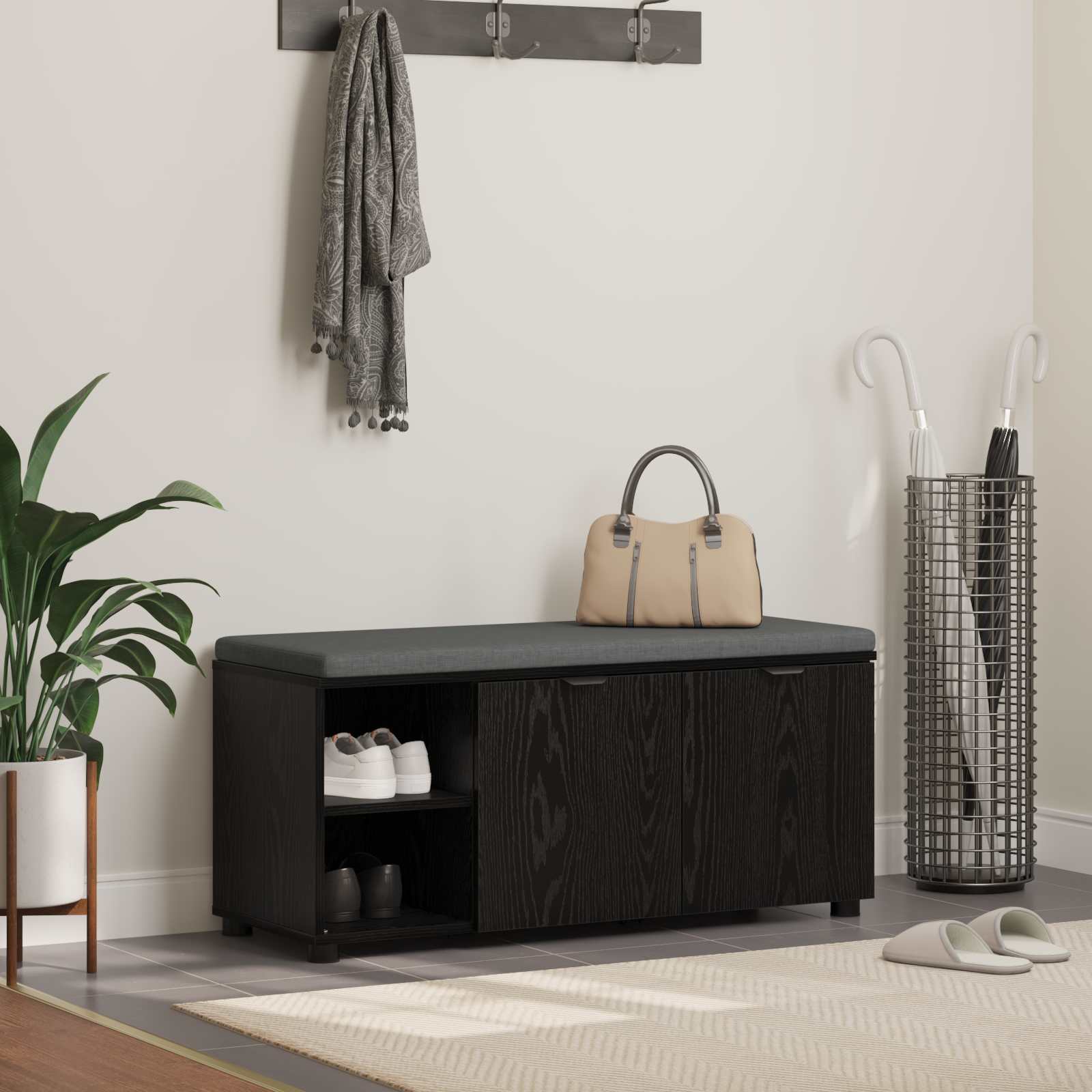 vidaXL Ławka w przedpokoju z poduszką Czarny Dąb 100 x 38 x 46 cm