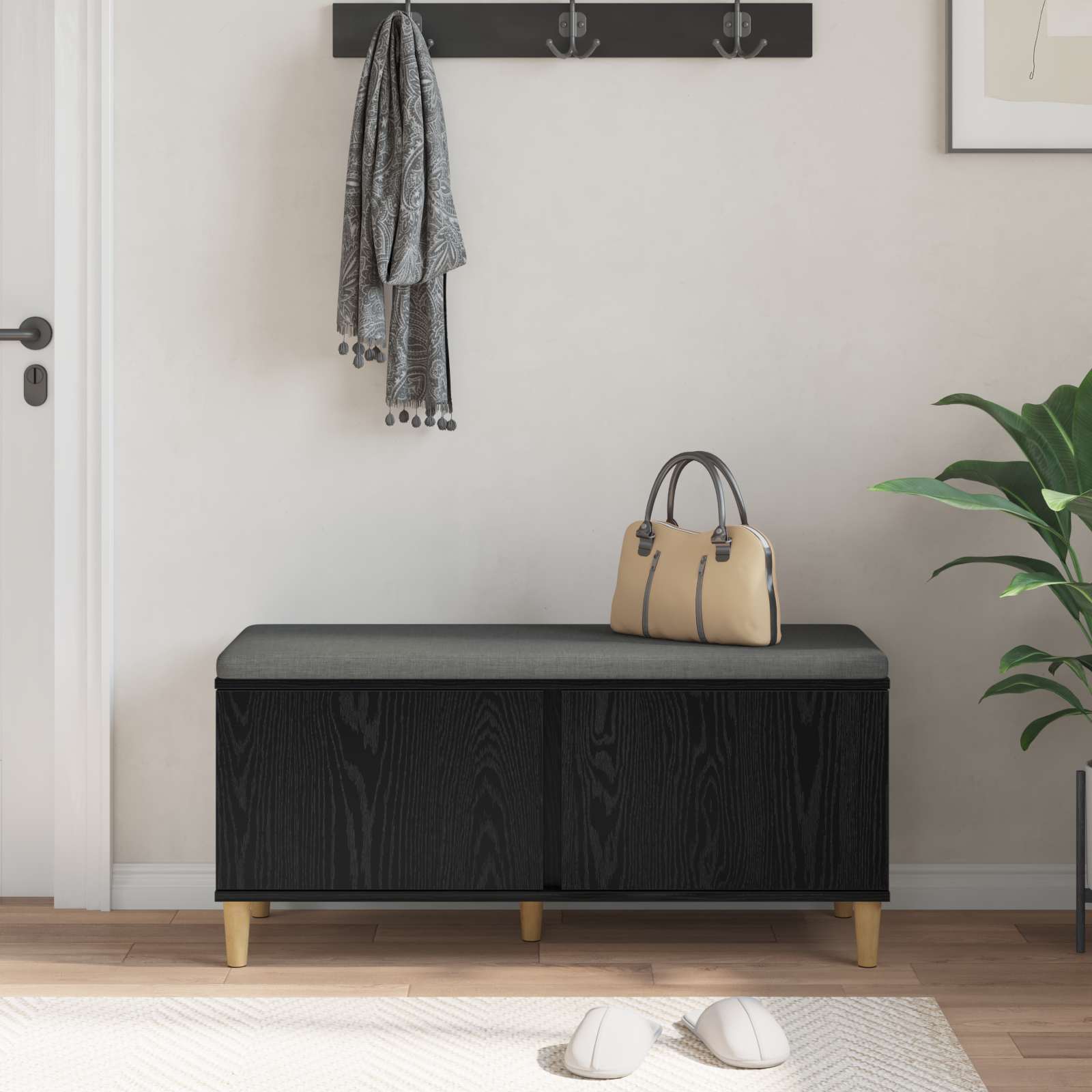 vidaXL Ławka w przedpokoju z poduszką Czarny Dąb 100 x 38 x 46 cm