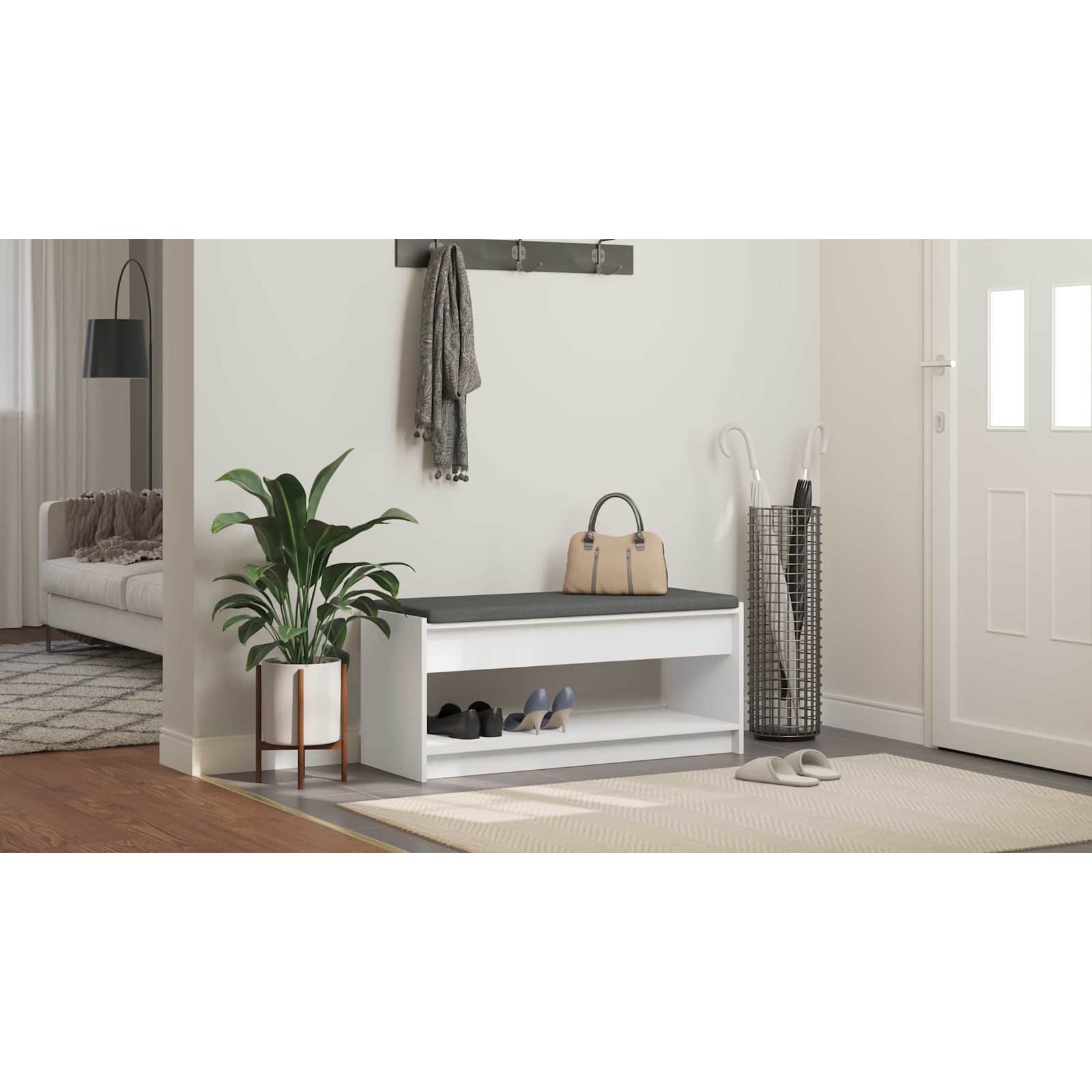 vidaXL Ławka w przedpokoju z poduszką z półką Biały 103 x 38 x 45 cm