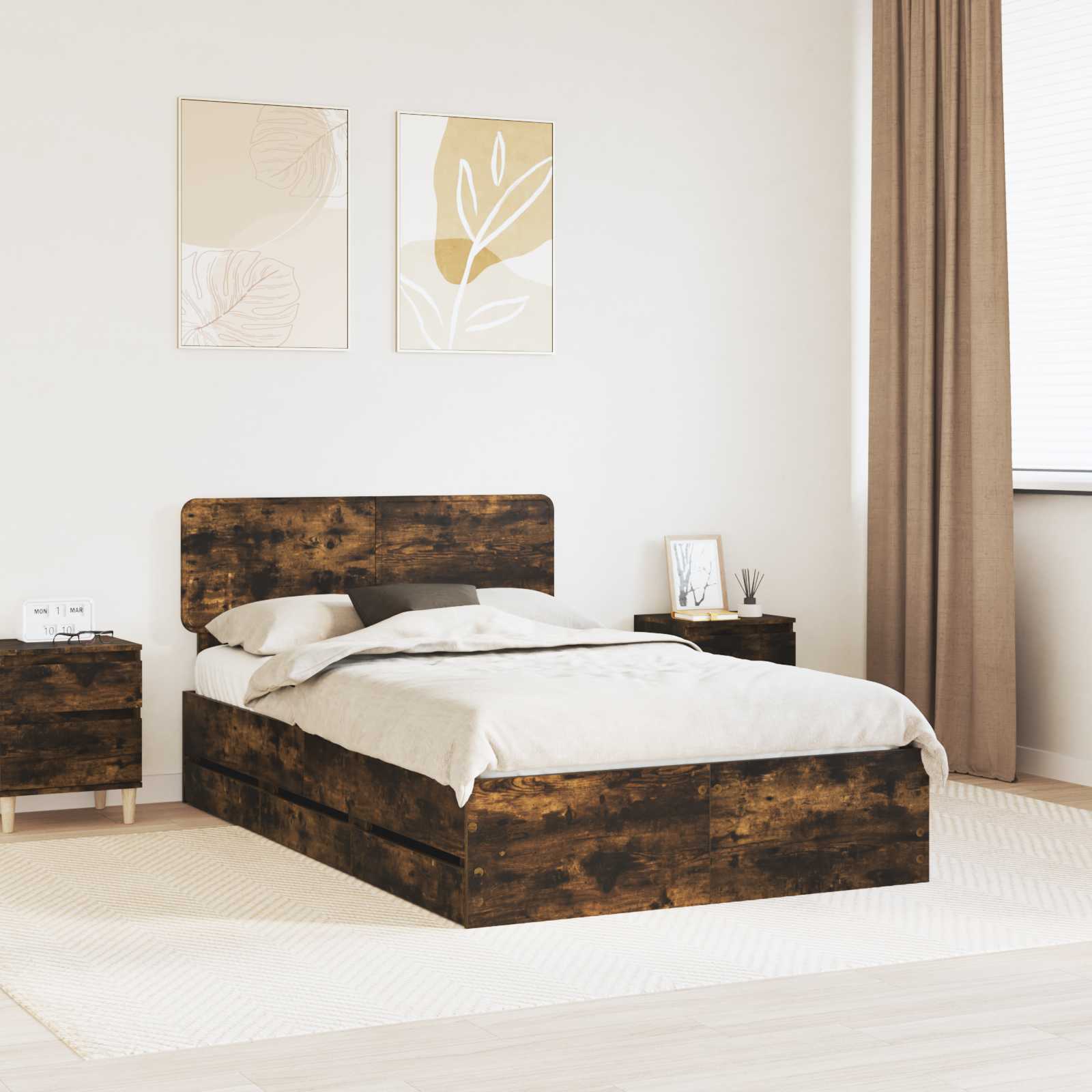 vidaXL Ramka łóżka Dąb Wędzony 135 x 190 cm Drewno inżynieryjne