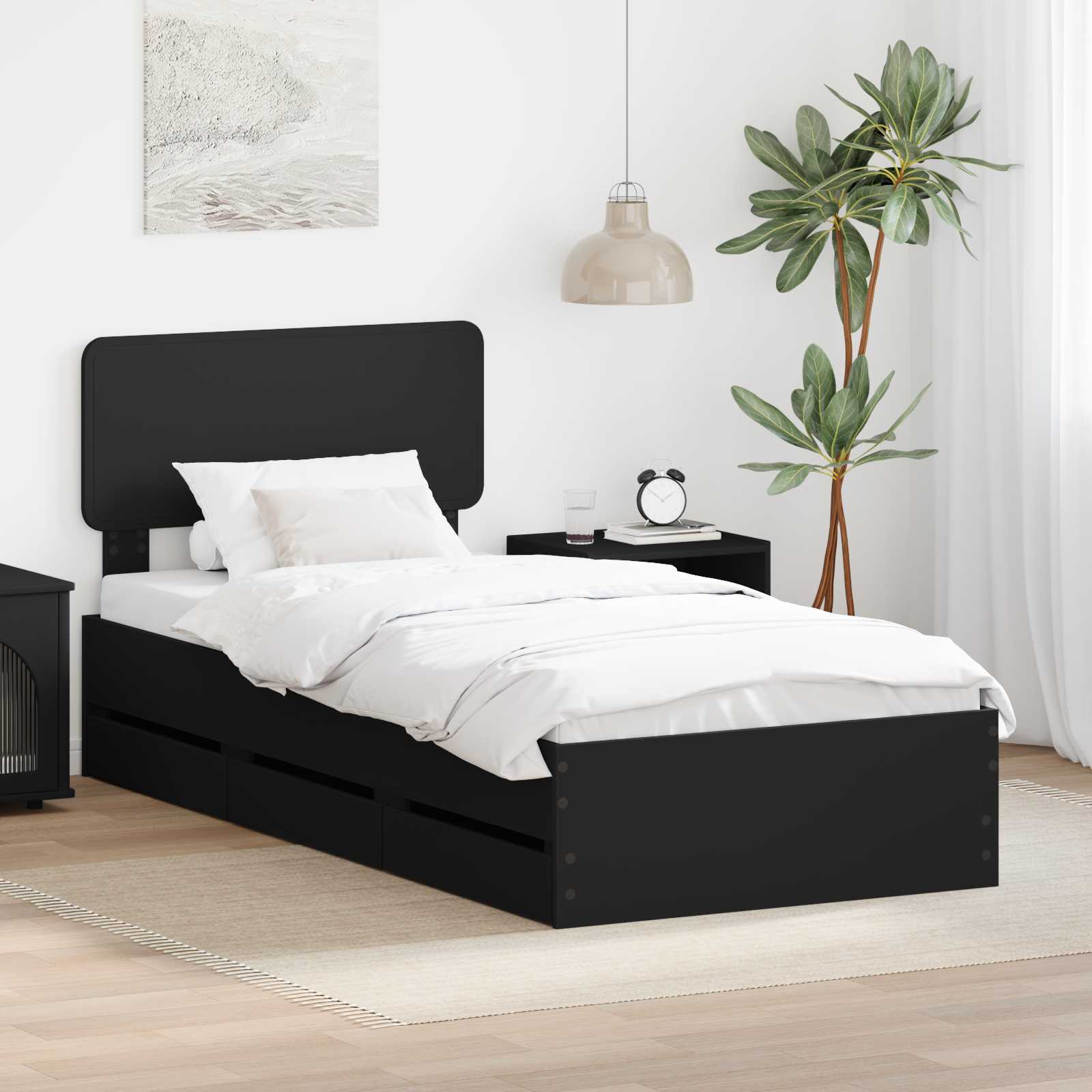 vidaXL Ramka łóżka z szufladą Czarny 75 x 190 cm Drewno inżynieryjne