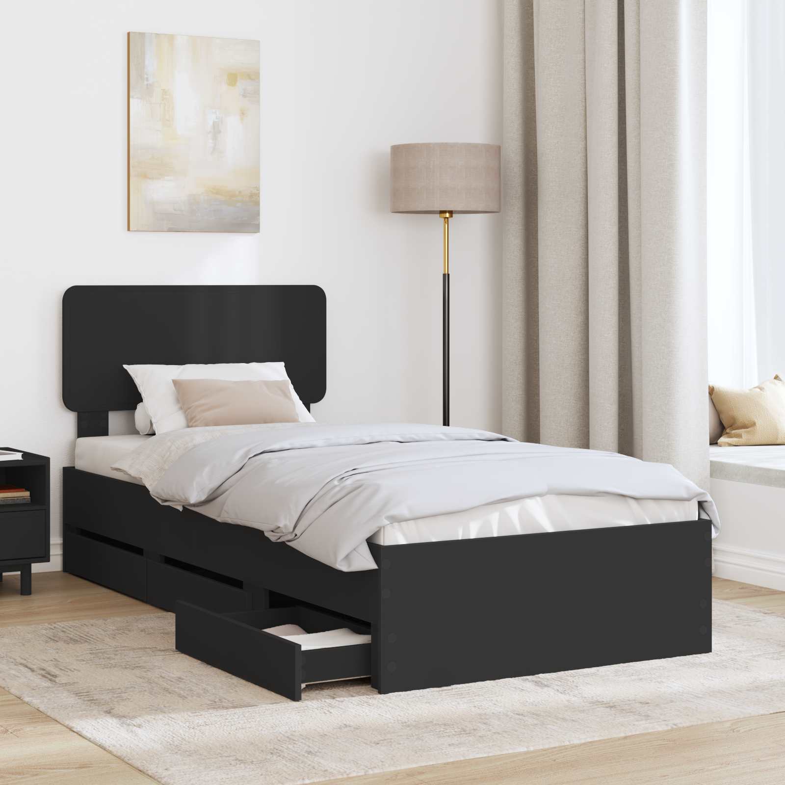 vidaXL Ramka łóżka z szufladą Czarny 75 x 190 cm Drewno inżynieryjne
