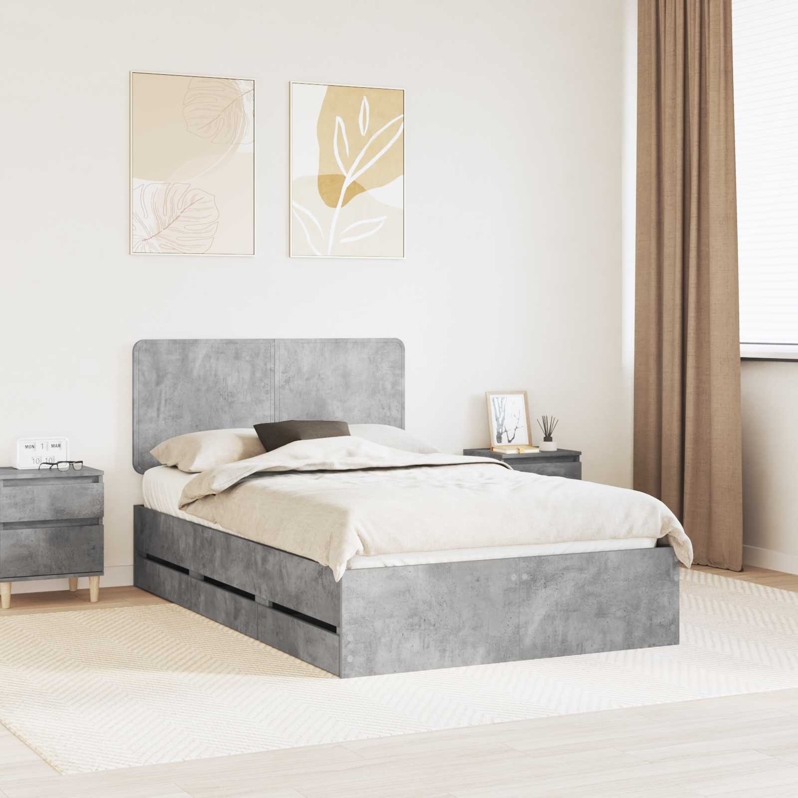 vidaXL Ramka łóżka Betonowy szary 135 x 190 cm Drewno inżynieryjne