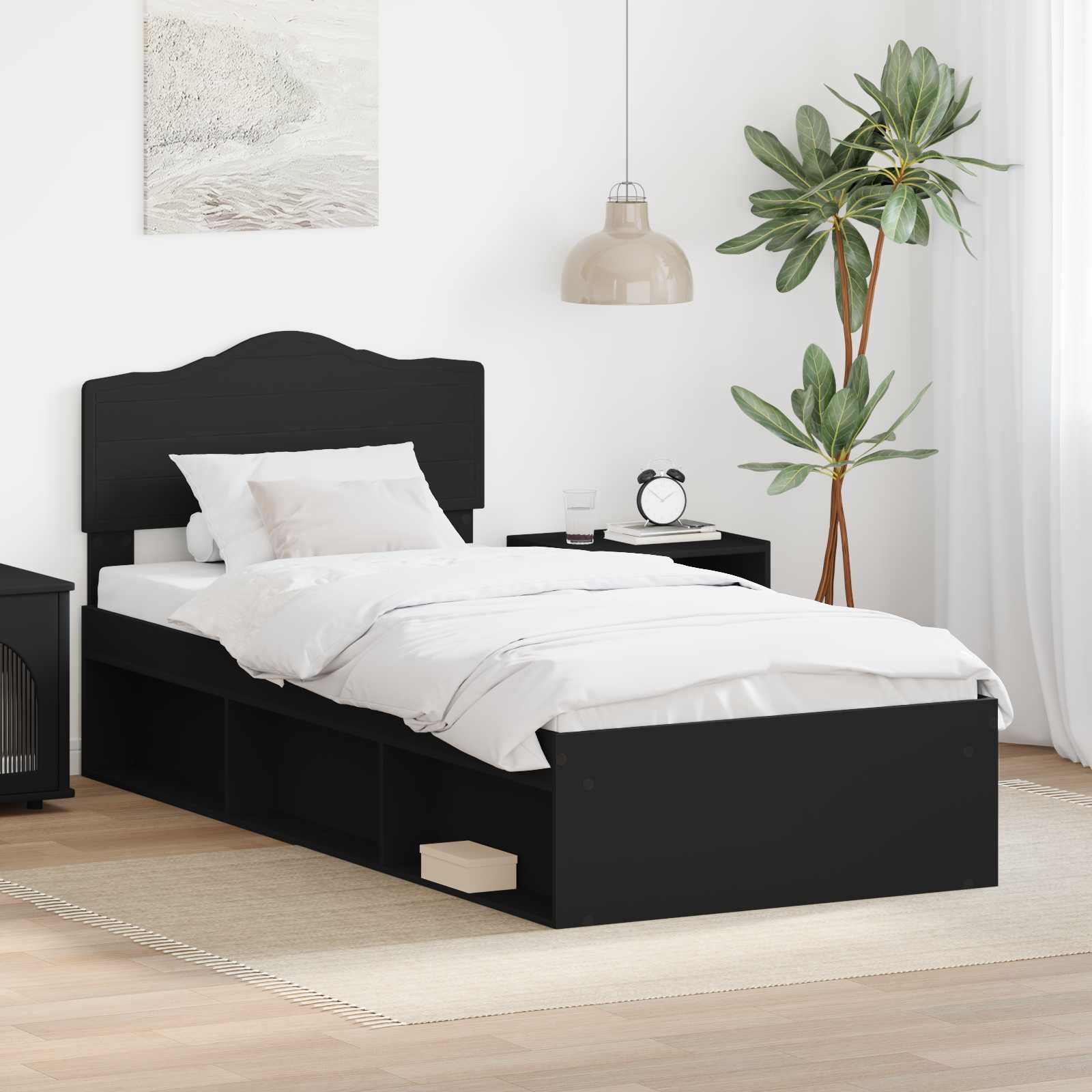 vidaXL Ramka łóżka Z zagłówkiem Czarny 90 x 200 cm Lite drewno sosnowe