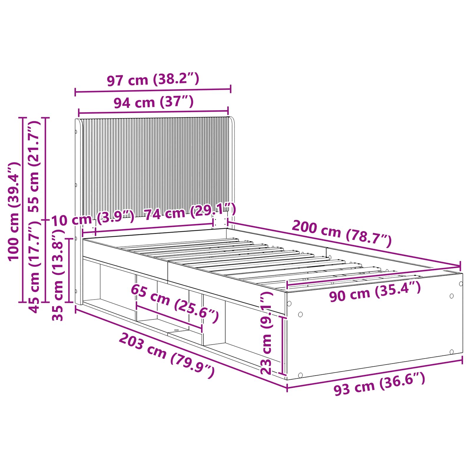 vidaXL Stelaż łóżka z przechowywaniem i zagłówkiem Biały 90 x 200 cm