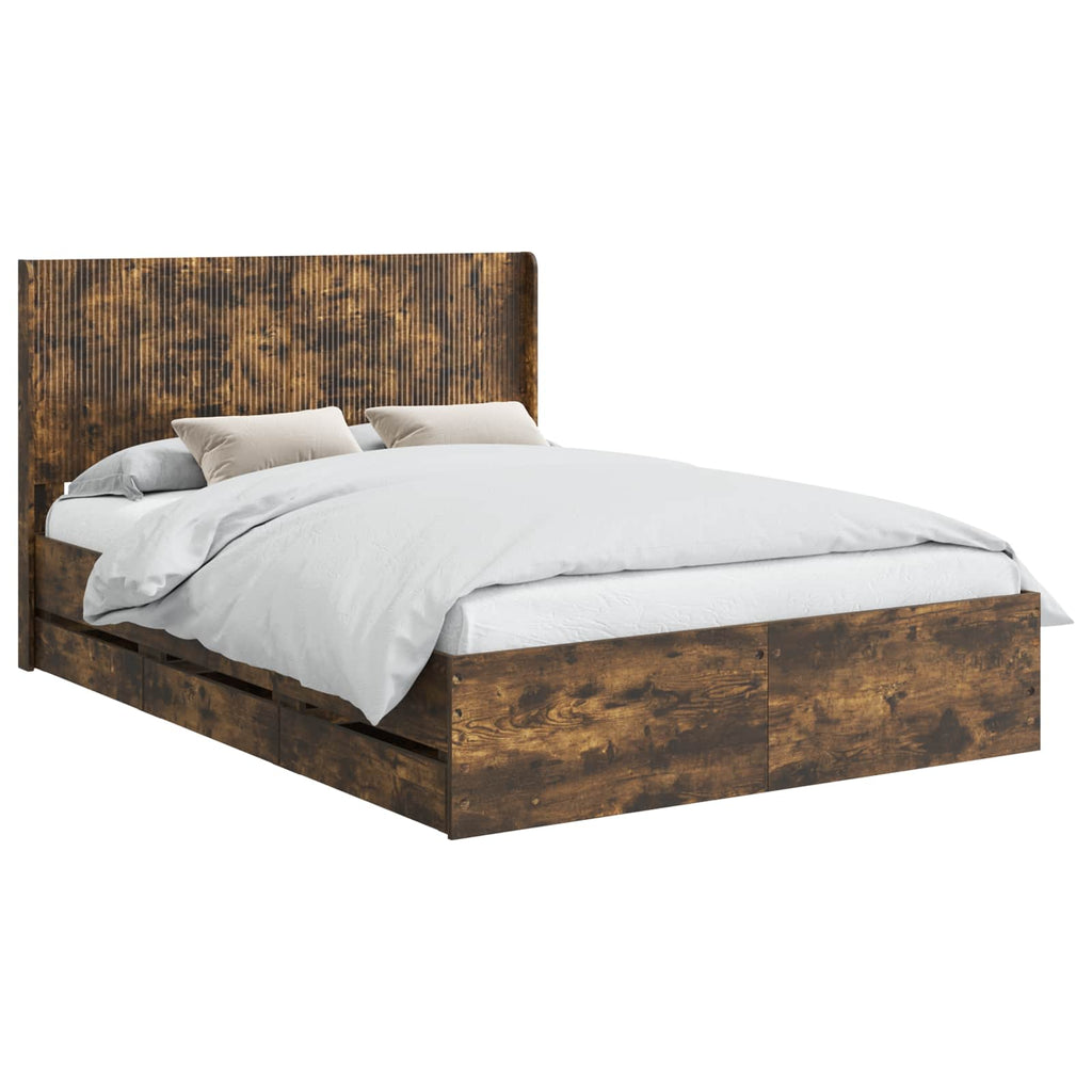 vidaXL Stelaż łóżka z przechowywaniem i zagłówkiem Dąb wędzony