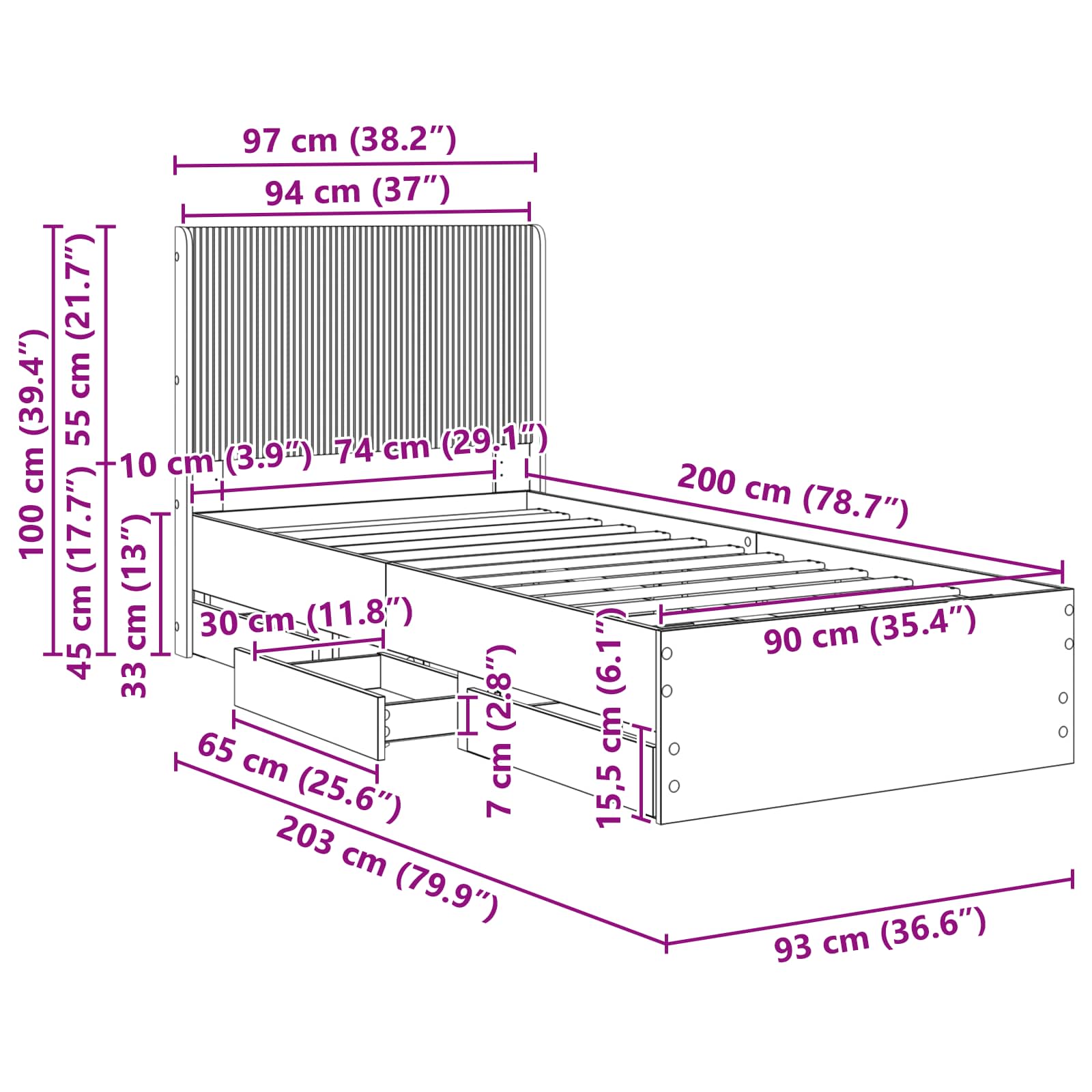 vidaXL Stelaż łóżka z przechowywaniem i zagłówkiem Czarny 90 x 200 cm