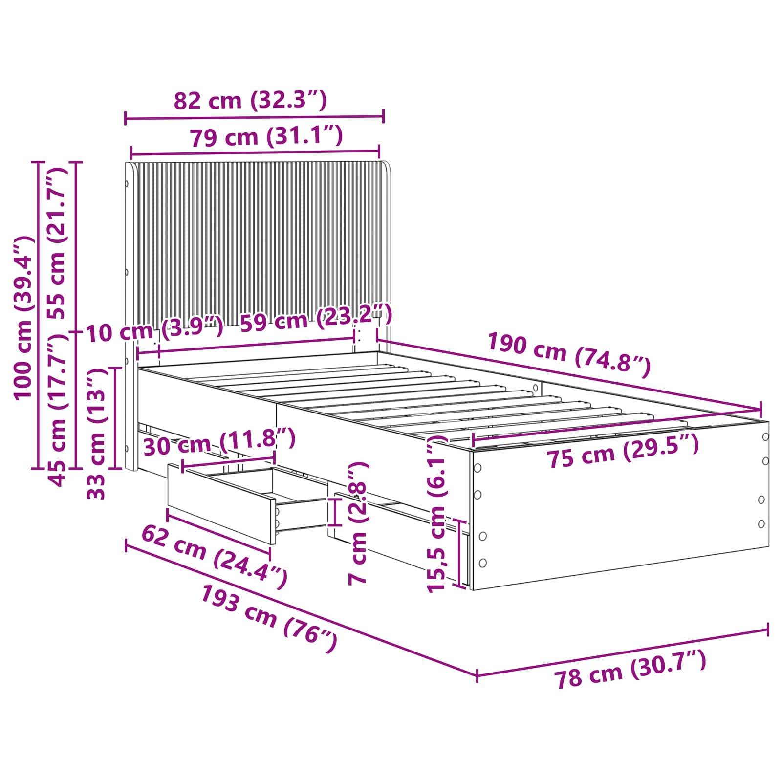 vidaXL Stelaż łóżka z przechowywaniem i zagłówkiem Czarny 75 x 190 cm