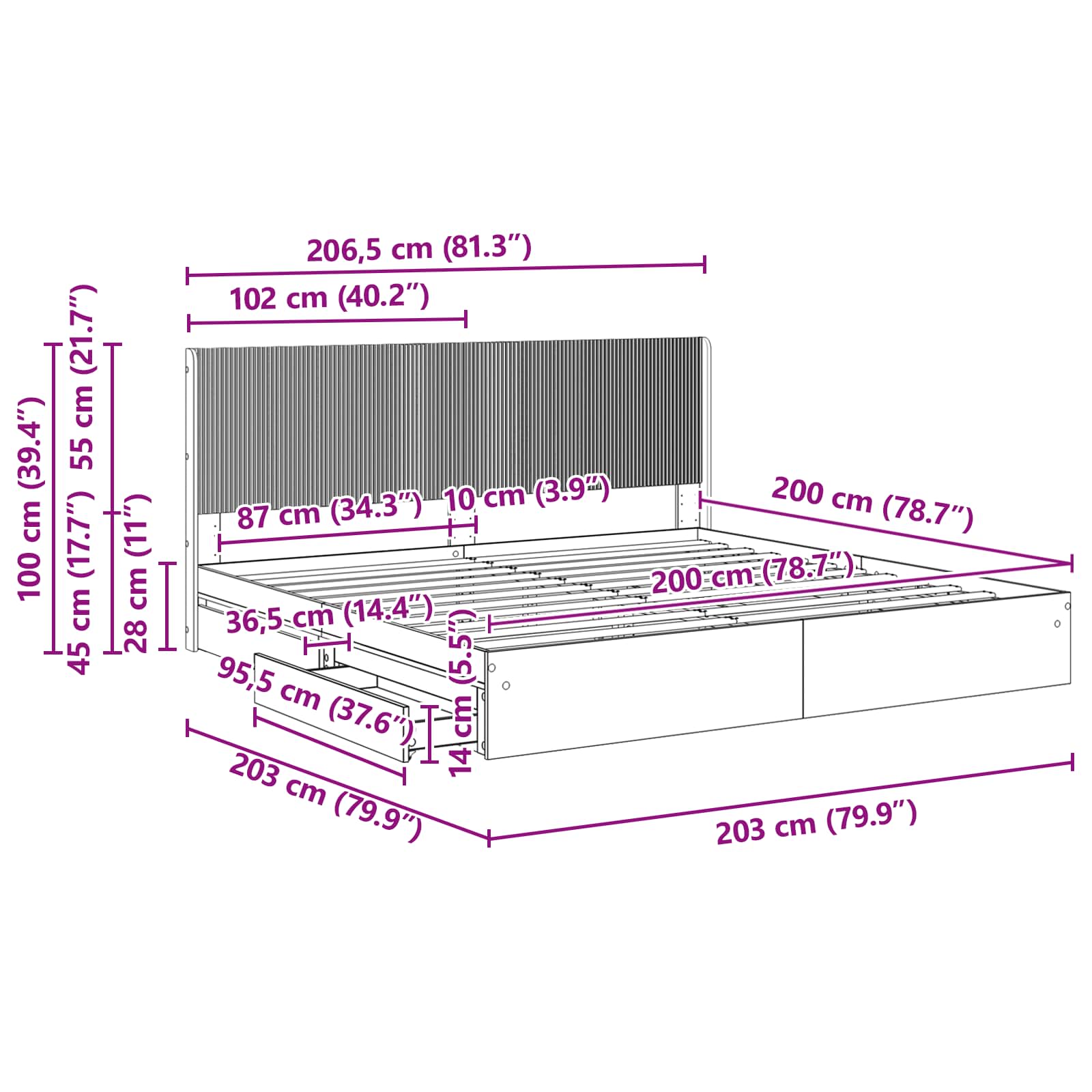 vidaXL Stelaż łóżka z przechowywaniem i zagłówkiem Czarny 200 x 200 cm
