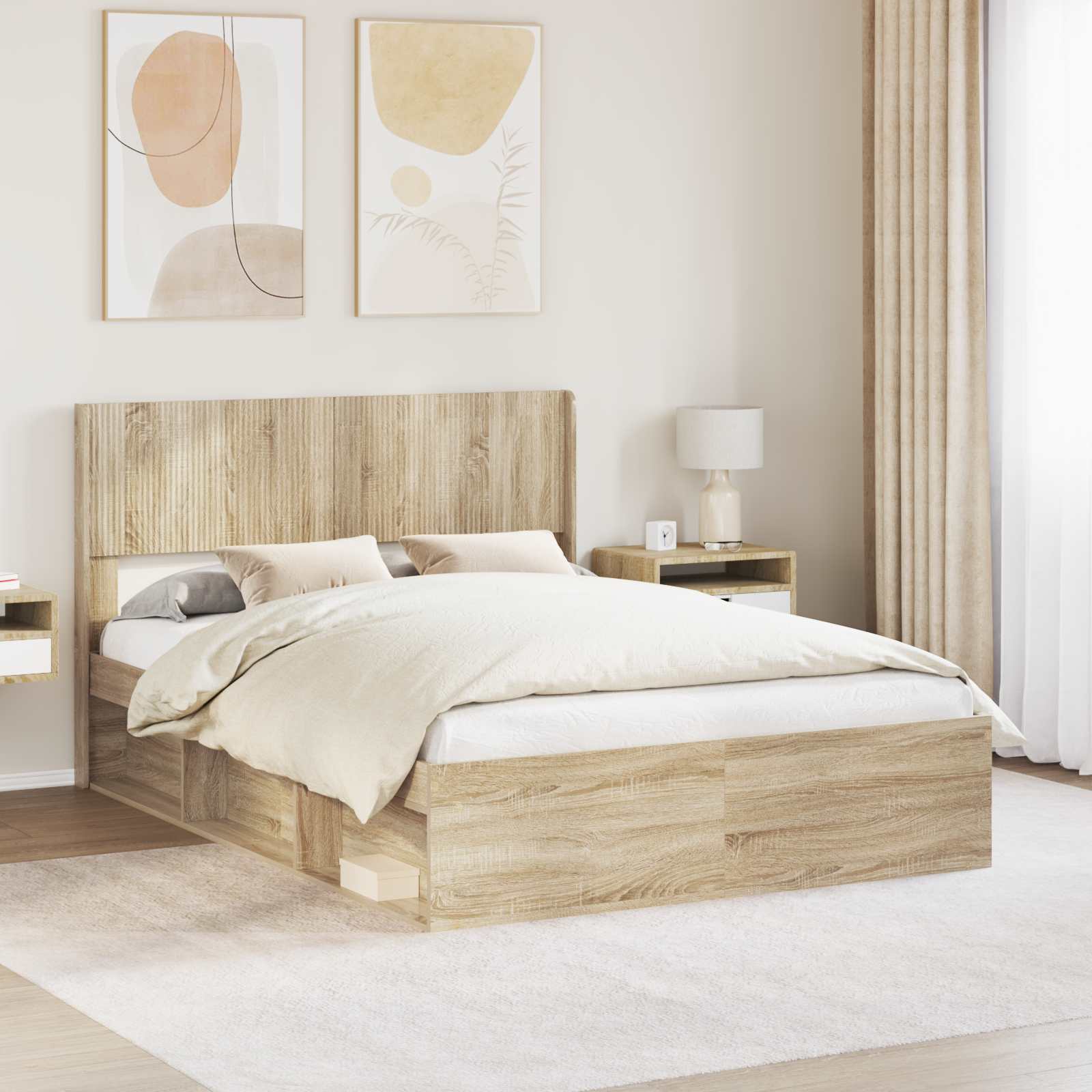 vidaXL Stelaż łóżka z przechowywaniem i zagłówkiem dąb Sonoma