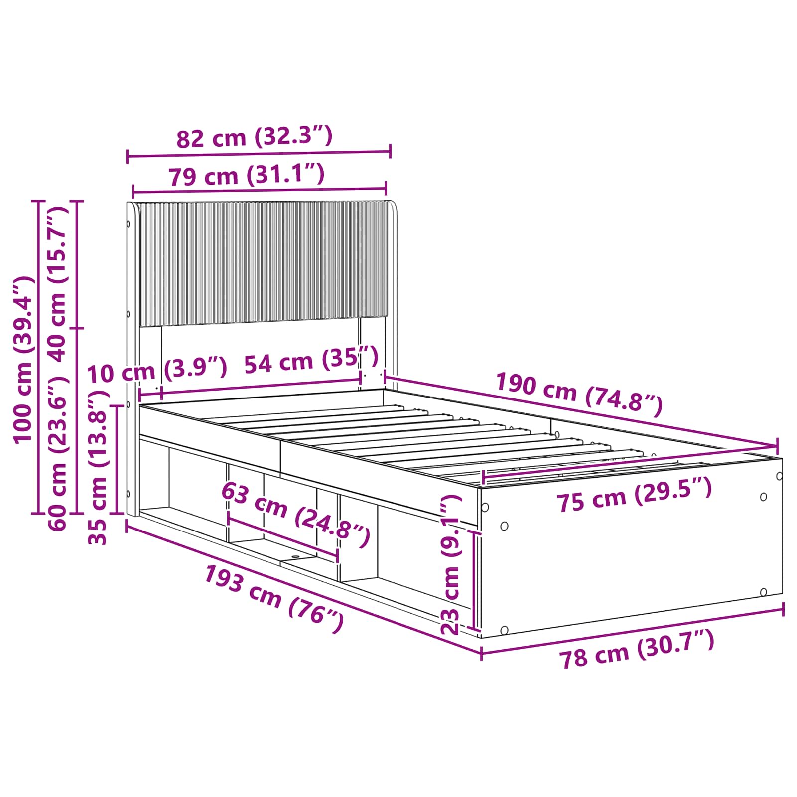 vidaXL Stelaż łóżka z przechowywaniem i zagłówkiem Czarny 75 x 190 cm