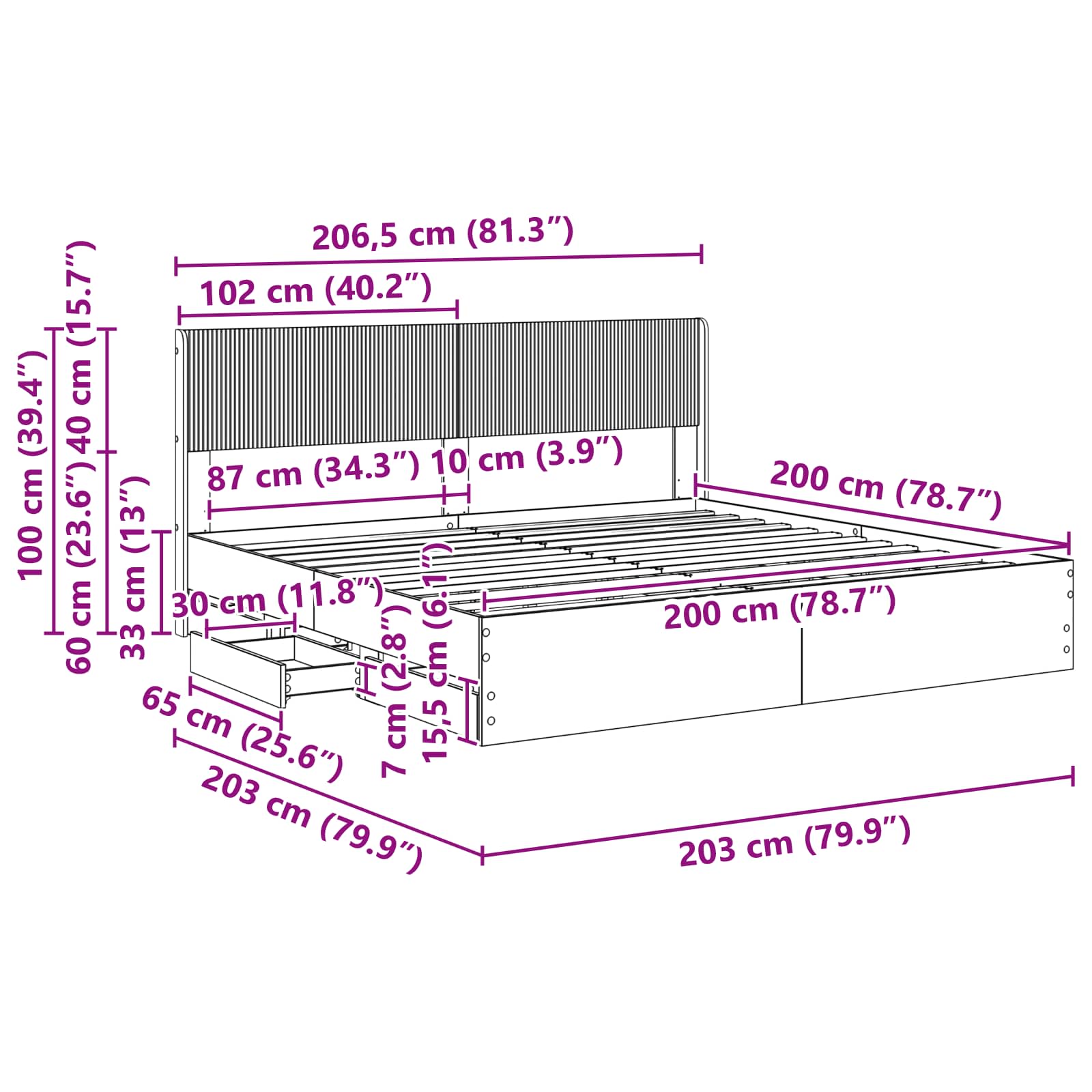 vidaXL Stelaż łóżka z przechowywaniem i zagłówkiem Czarny 200 x 200 cm