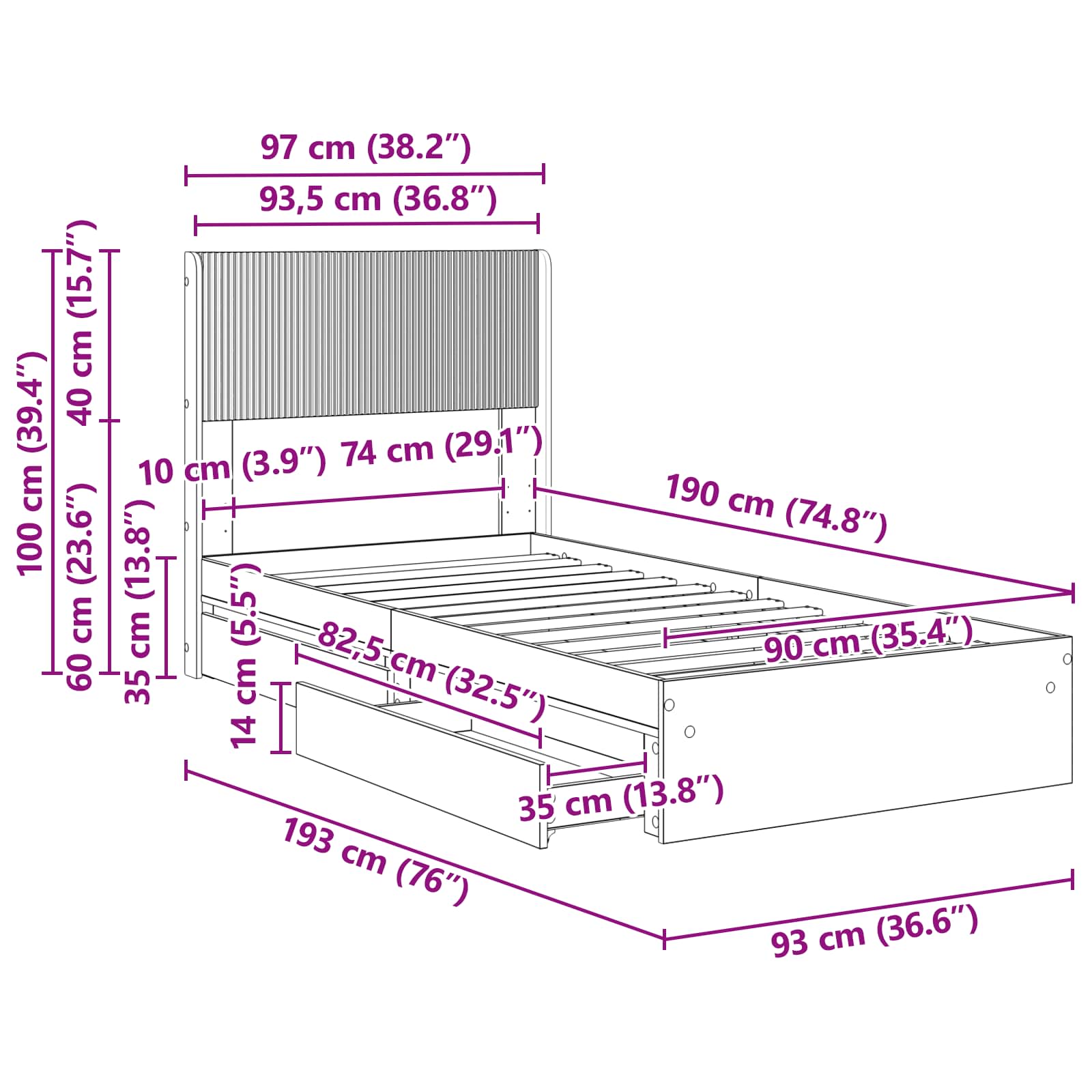 vidaXL Stelaż łóżka z przechowywaniem i zagłówkiem 3 pcs