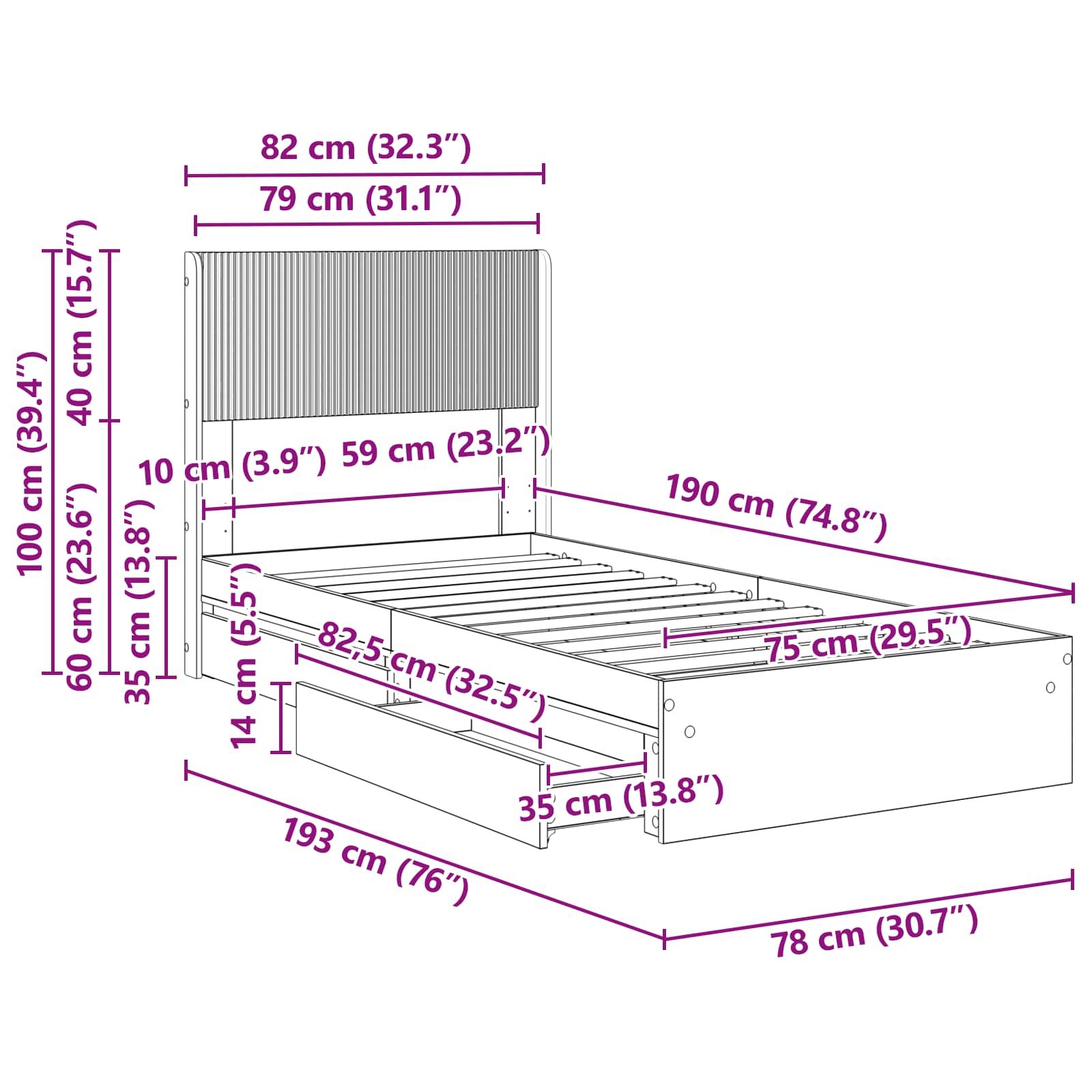 vidaXL Stelaż łóżka z przechowywaniem i zagłówkiem Czarny 75 x 190 cm