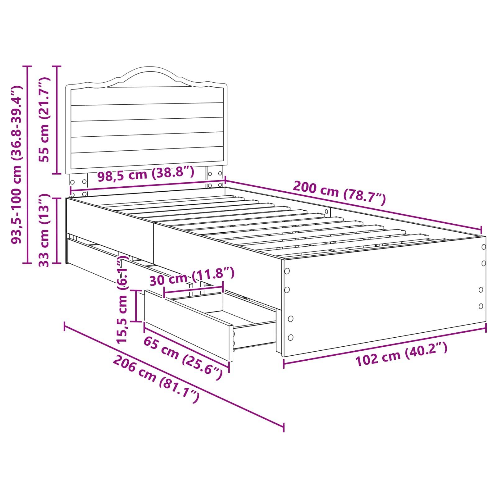 vidaXL Ramka łóżka z szufladą Czarny 100 x 200 cm Drewno inżynieryjne