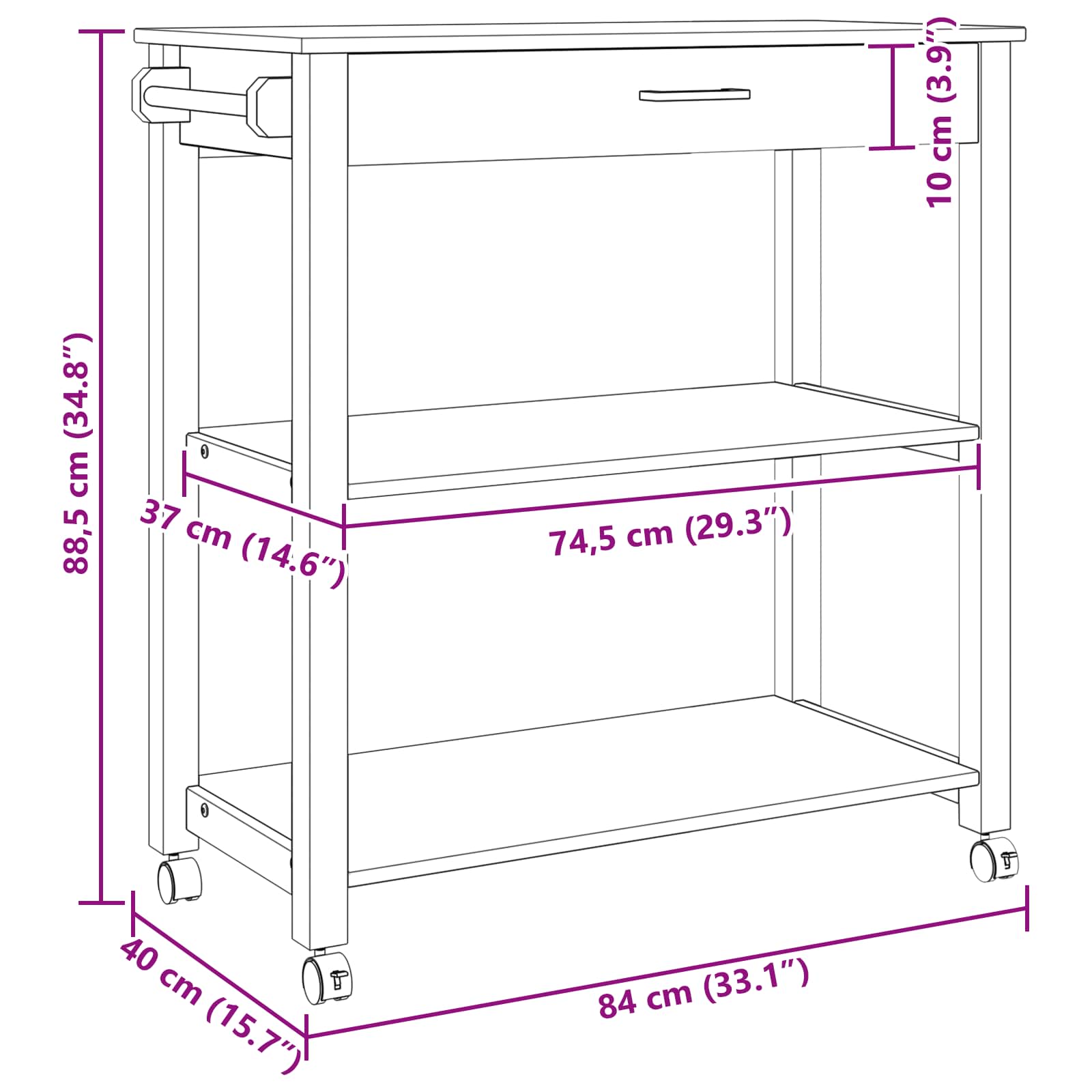 vidaXL Wózek Kuchenny MONZA Czarny 84 x 40 x 88,5 cm