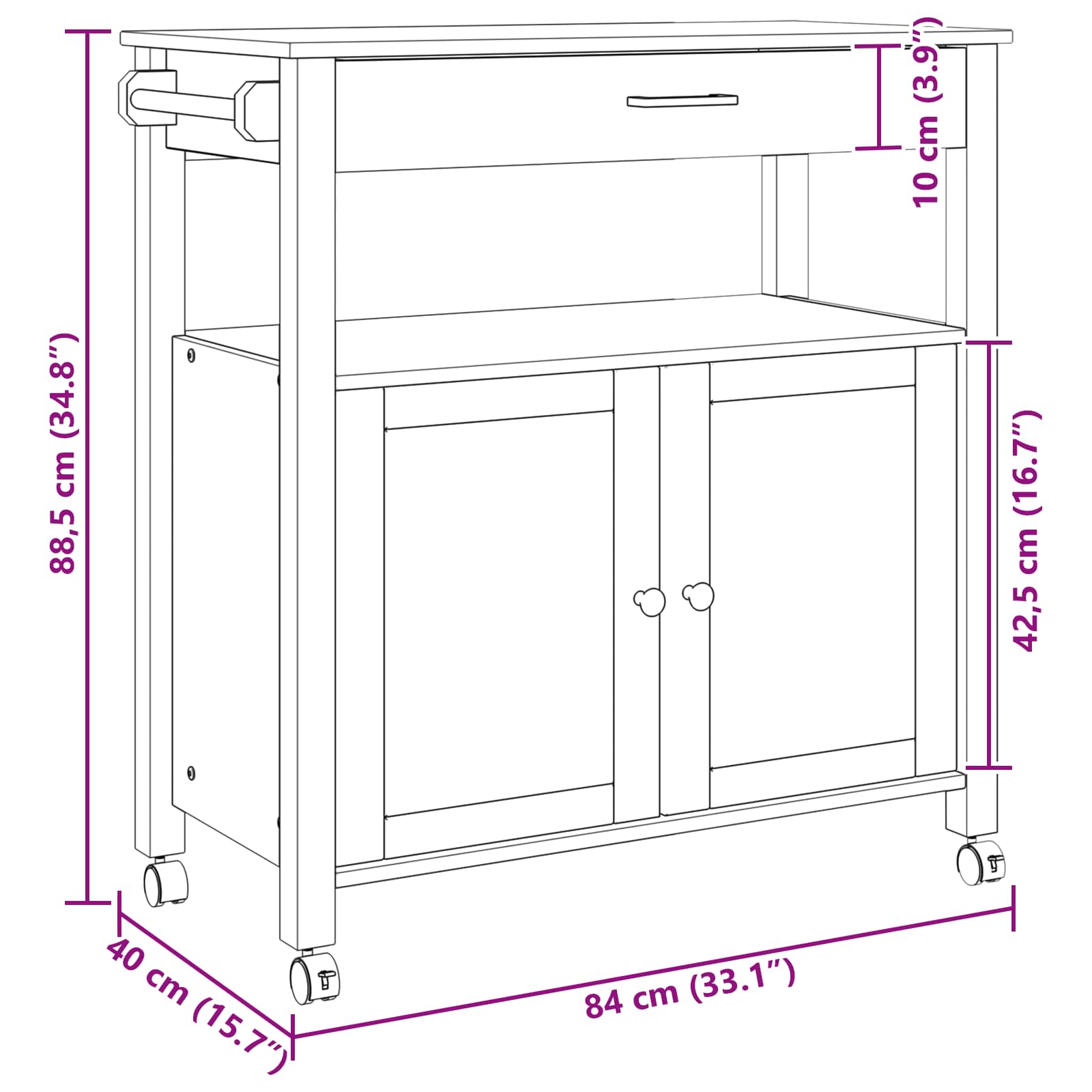 vidaXL Wózek Kuchenny MONZA Czarny 84 x 40 x 88,5 cm
