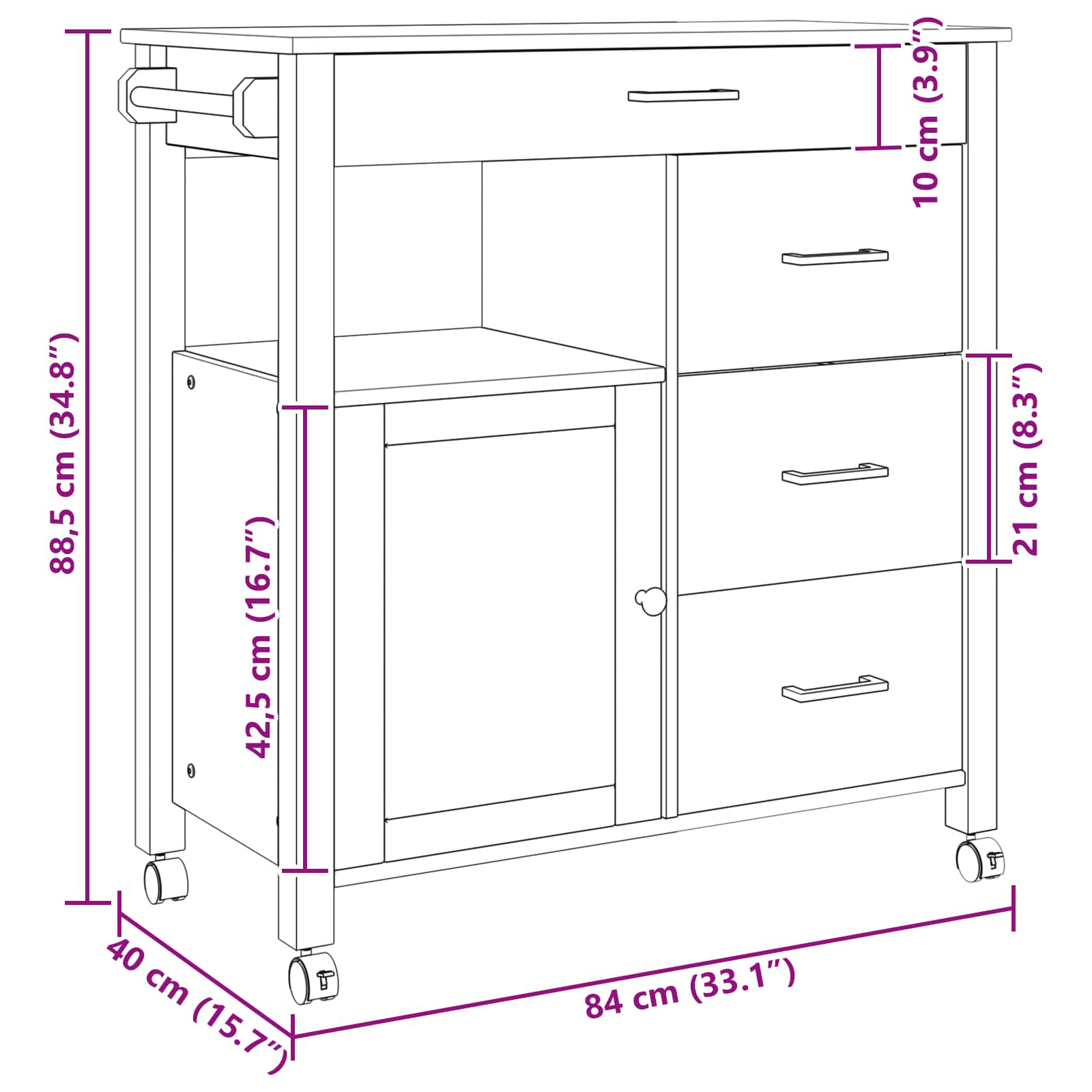 vidaXL Wózek Kuchenny MONZA Czarny 84 x 40 x 88,5 cm