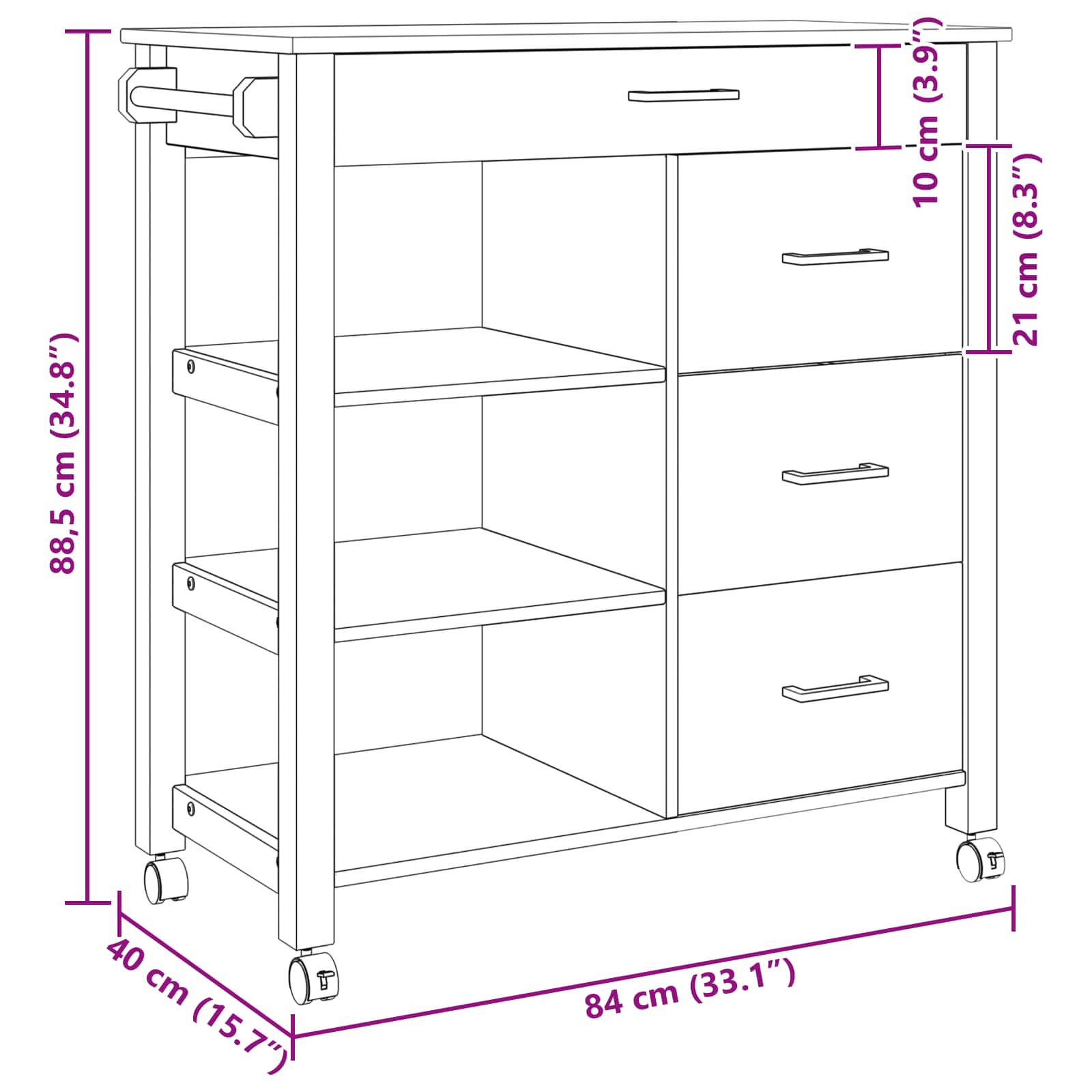 vidaXL Wózek Kuchenny MONZA Czarny 84 x 40 x 88,5 cm