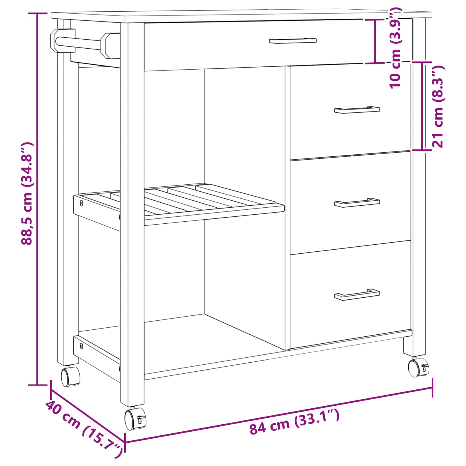 vidaXL Wózek Kuchenny MONZA Czarny 84 x 40 x 88,5 cm