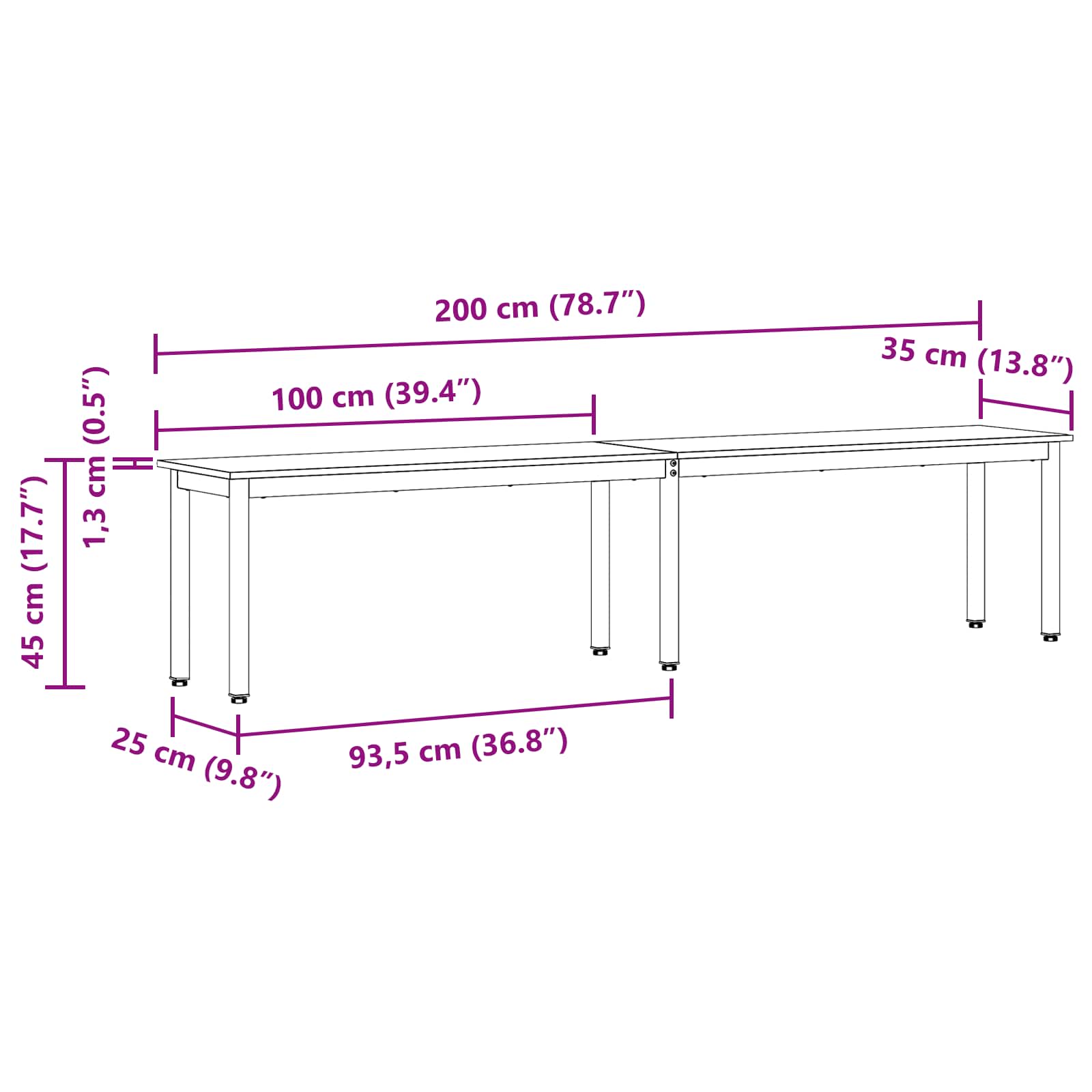 vidaXL ławka Biały 200 x 35 x 45 cm Lite drewno sosnowe