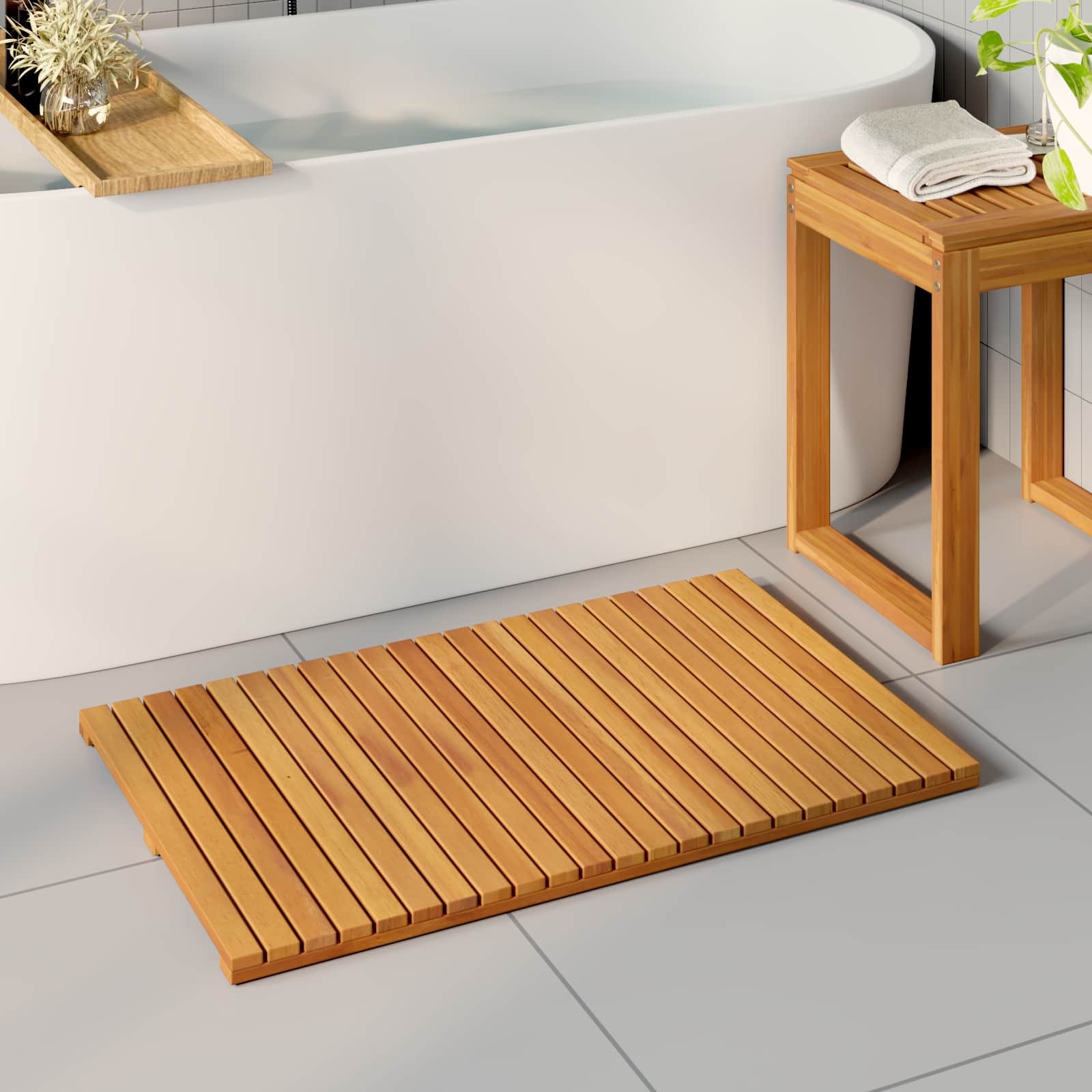 vidaXL Mata do kąpieli Gładki brązowy 80 x 50 cm Lite Drewno Akacji