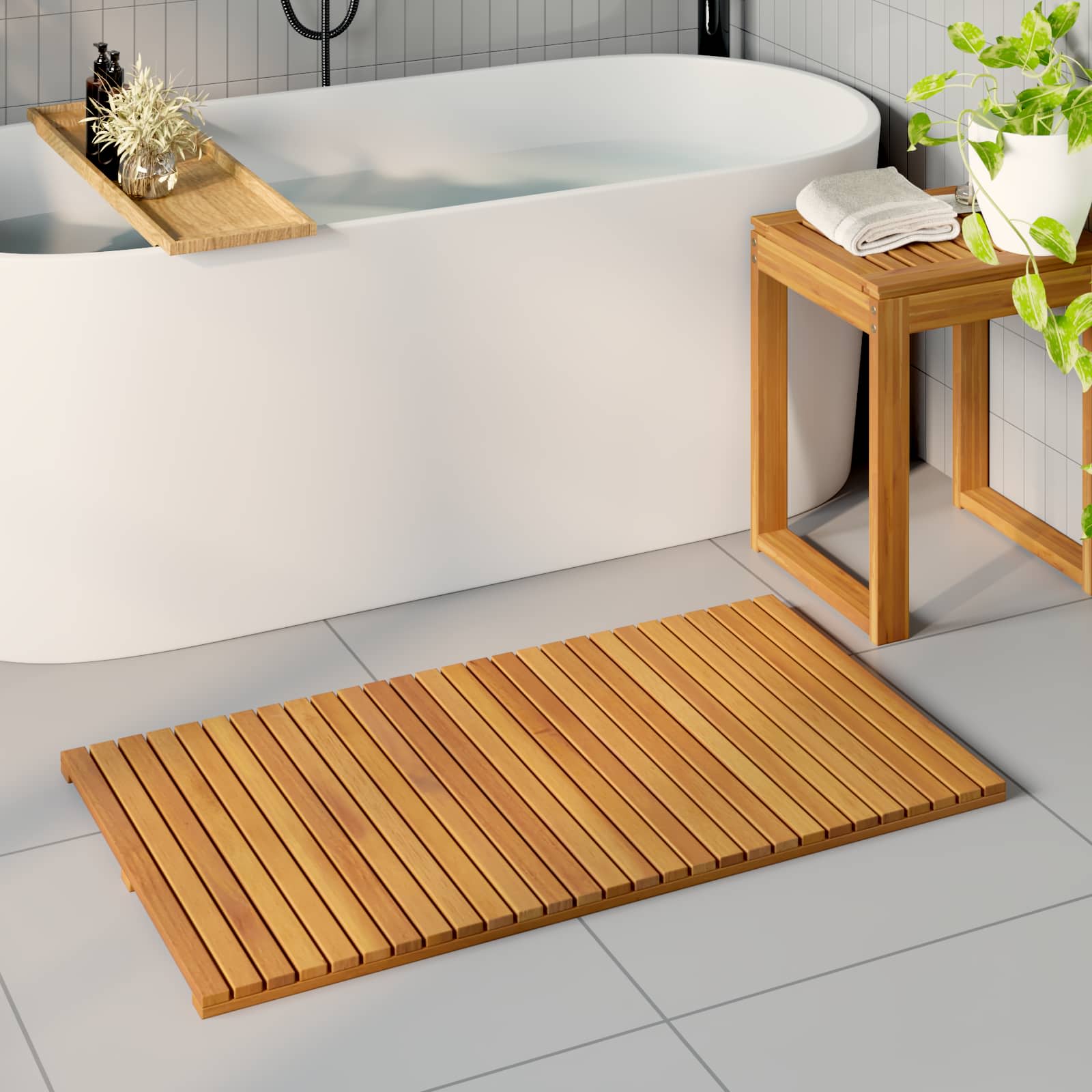 vidaXL Mata do kąpieli Gładki brązowy 100 x 55 cm Lite Drewno Akacji