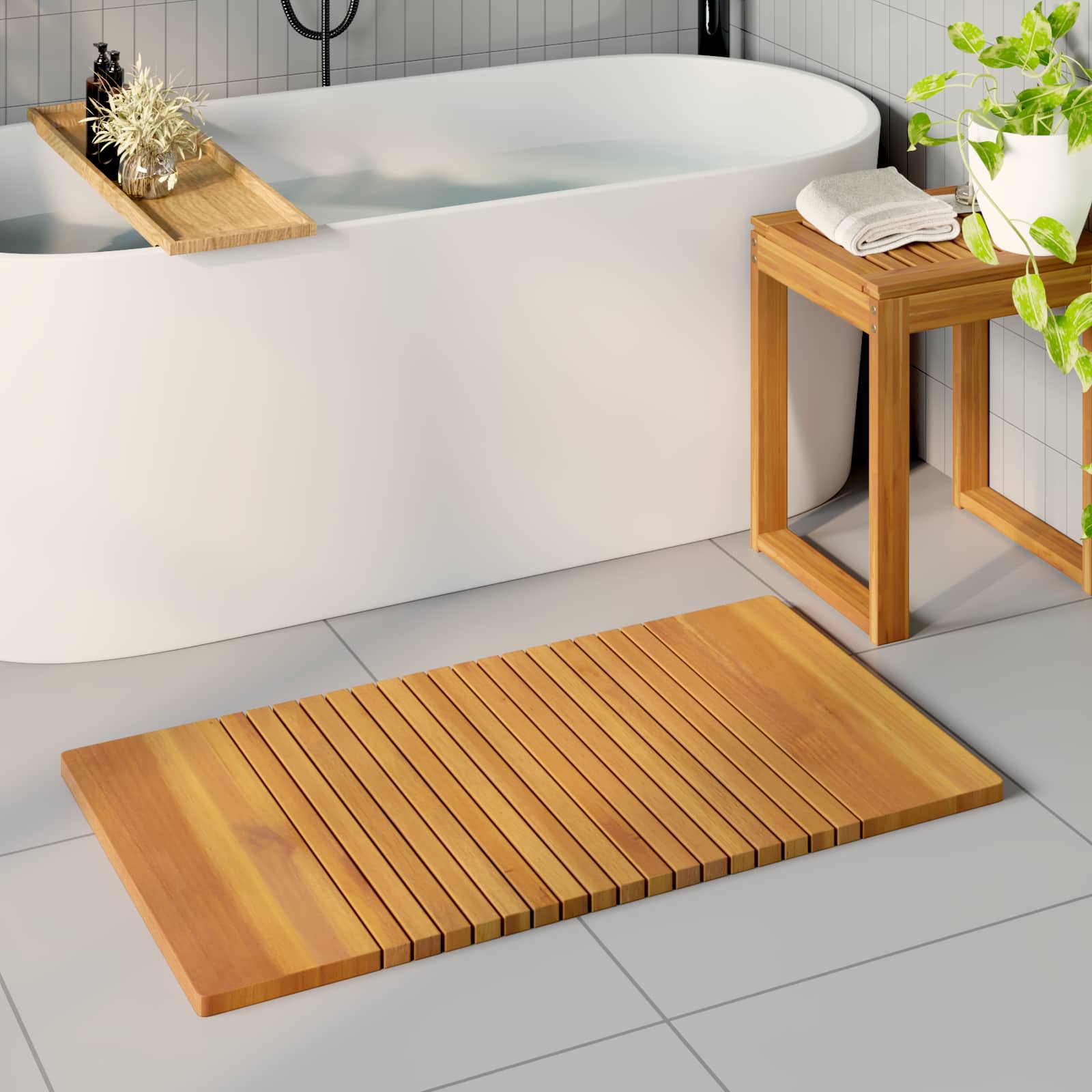 vidaXL Mata do kąpieli Gładki brązowy 100 x 55 cm Lite Drewno Akacji