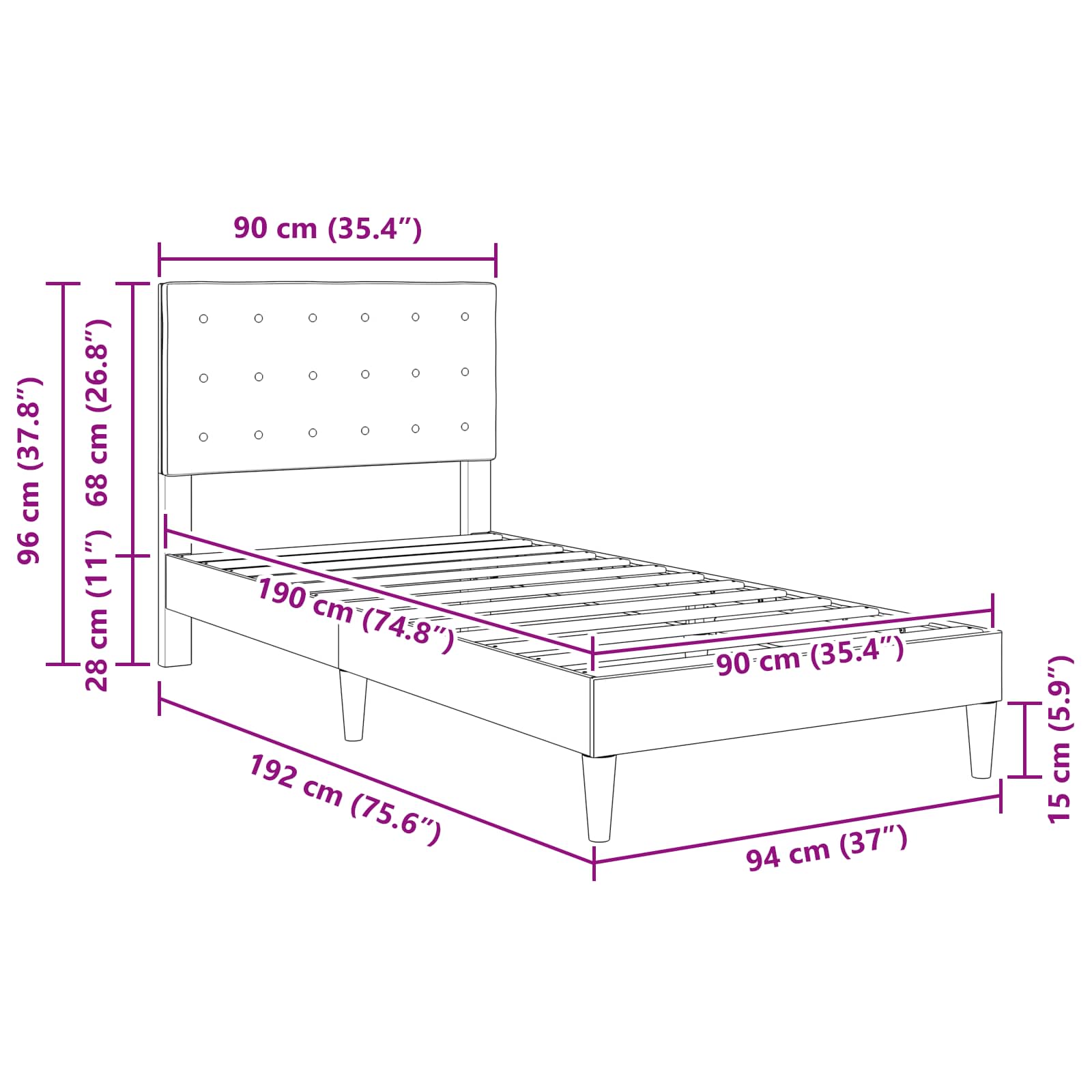 vidaXL Ramka łóżka Z zagłówkiem ciemnoszary 90 x 190 cm tkanina