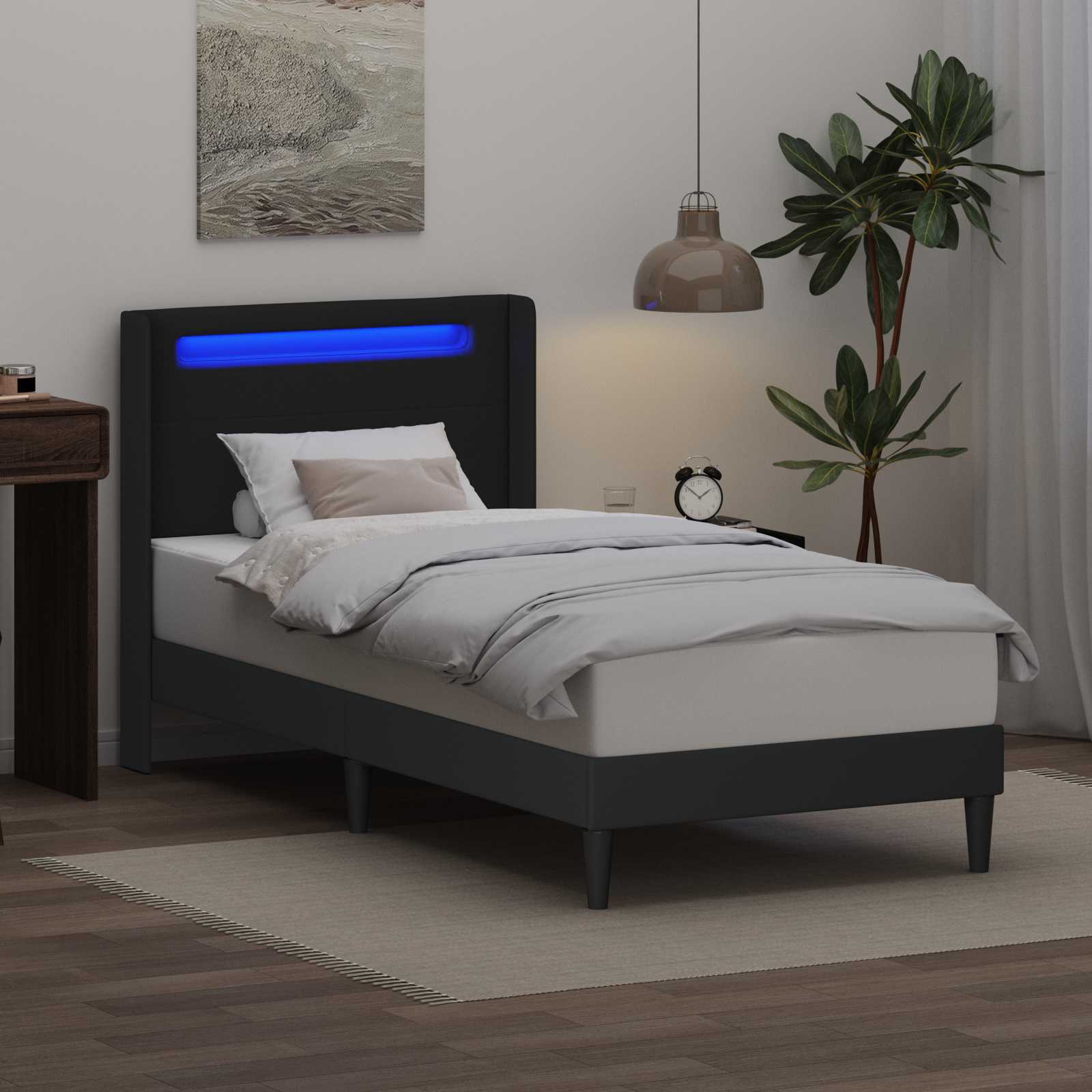 vidaXL Ramka łóżka z paskami LED Czarny 90 x 190 cm Ekoskóra