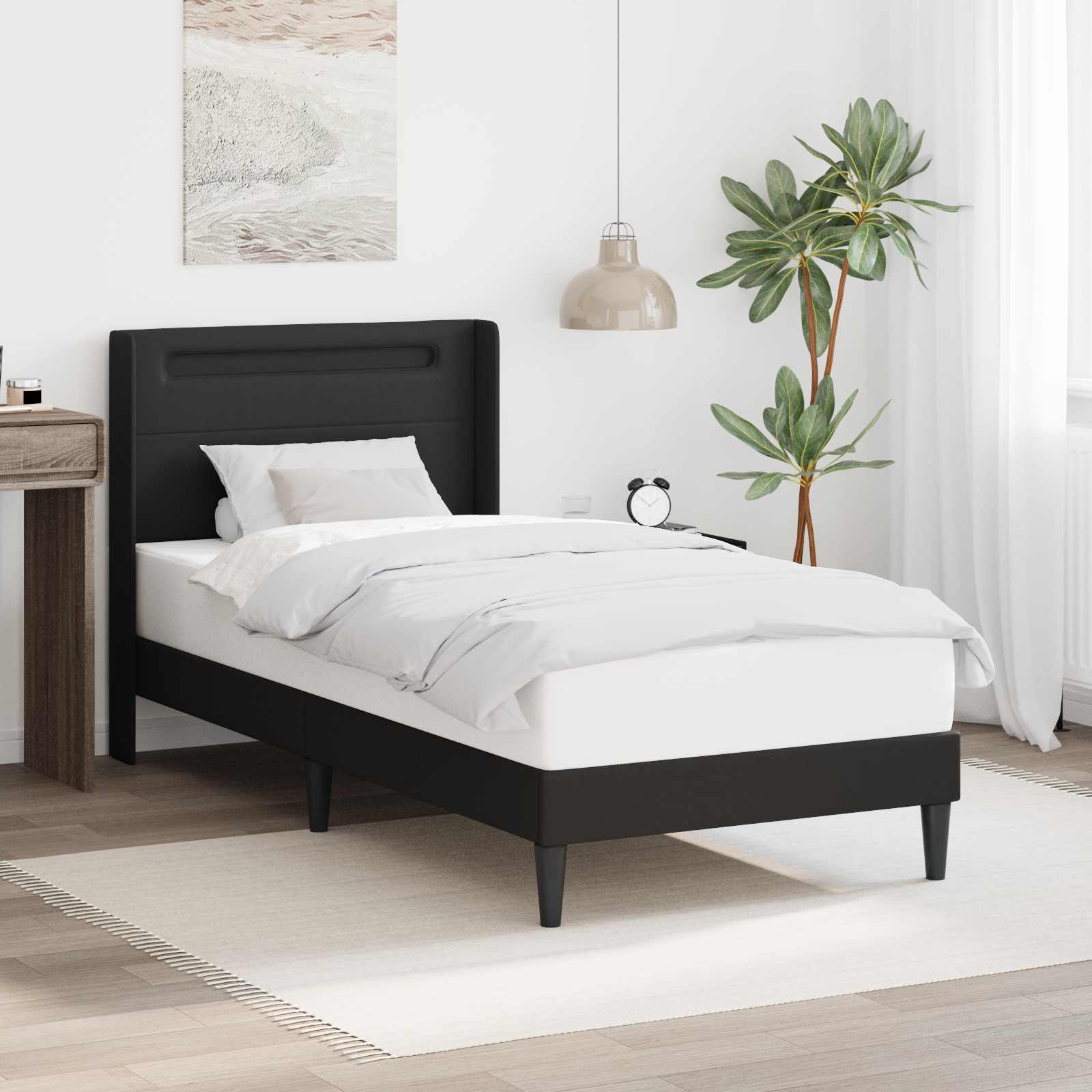 vidaXL Ramka łóżka z paskami LED Czarny 90 x 190 cm Ekoskóra