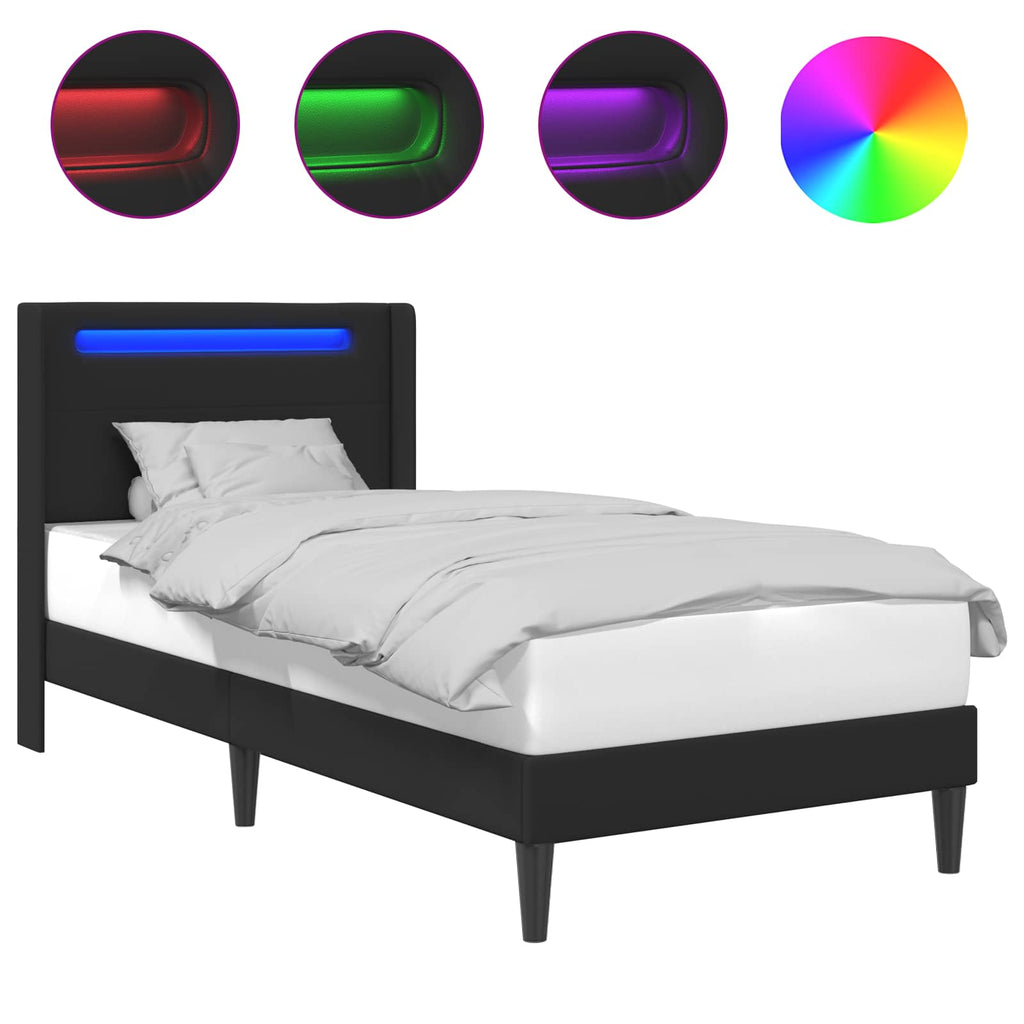 vidaXL Ramka łóżka z paskami LED Czarny 90 x 190 cm Ekoskóra