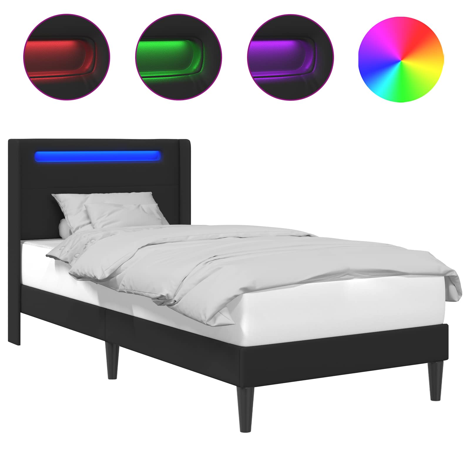 vidaXL Ramka łóżka z paskami LED Czarny 90 x 190 cm Ekoskóra