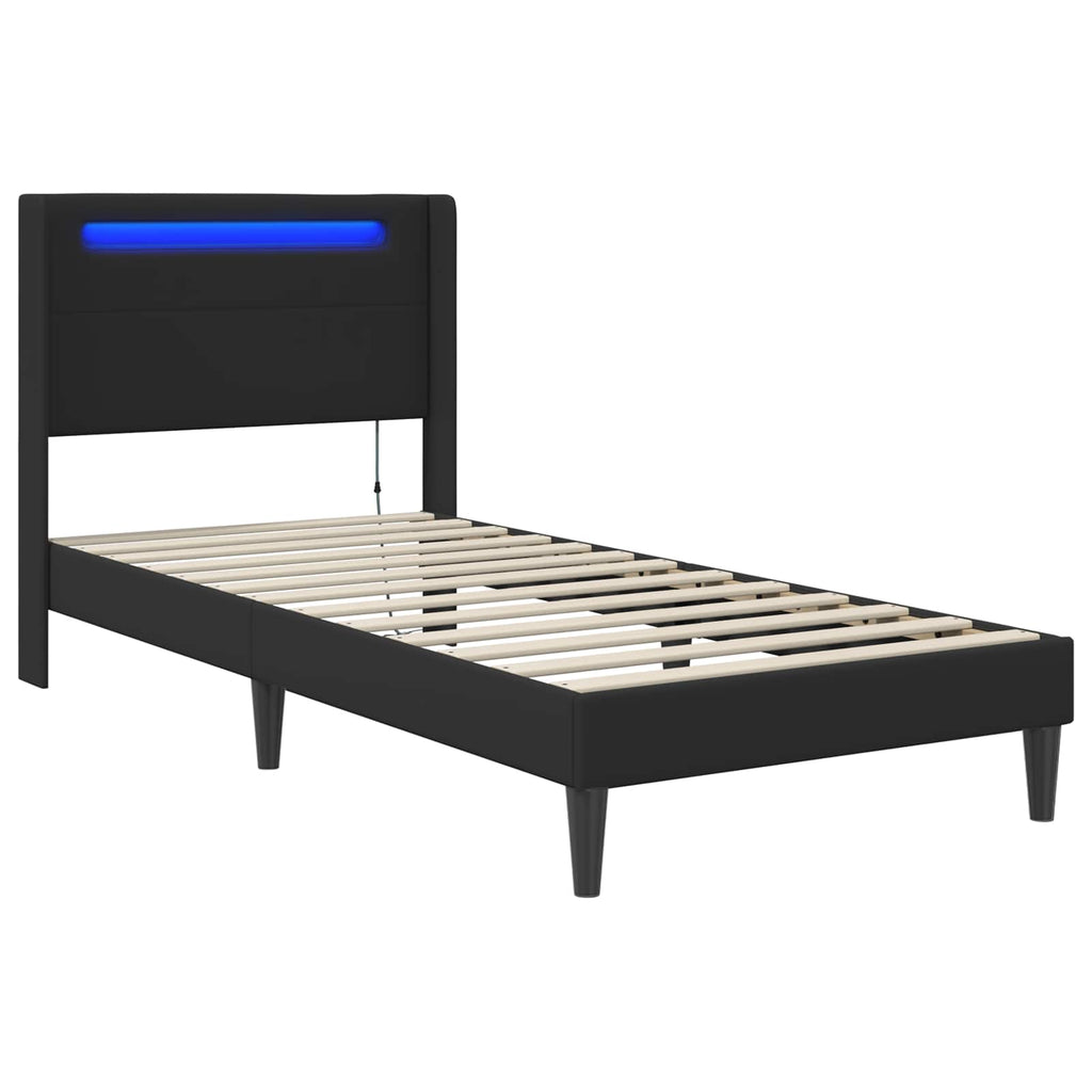 vidaXL Ramka łóżka z paskami LED Czarny 90 x 190 cm Ekoskóra